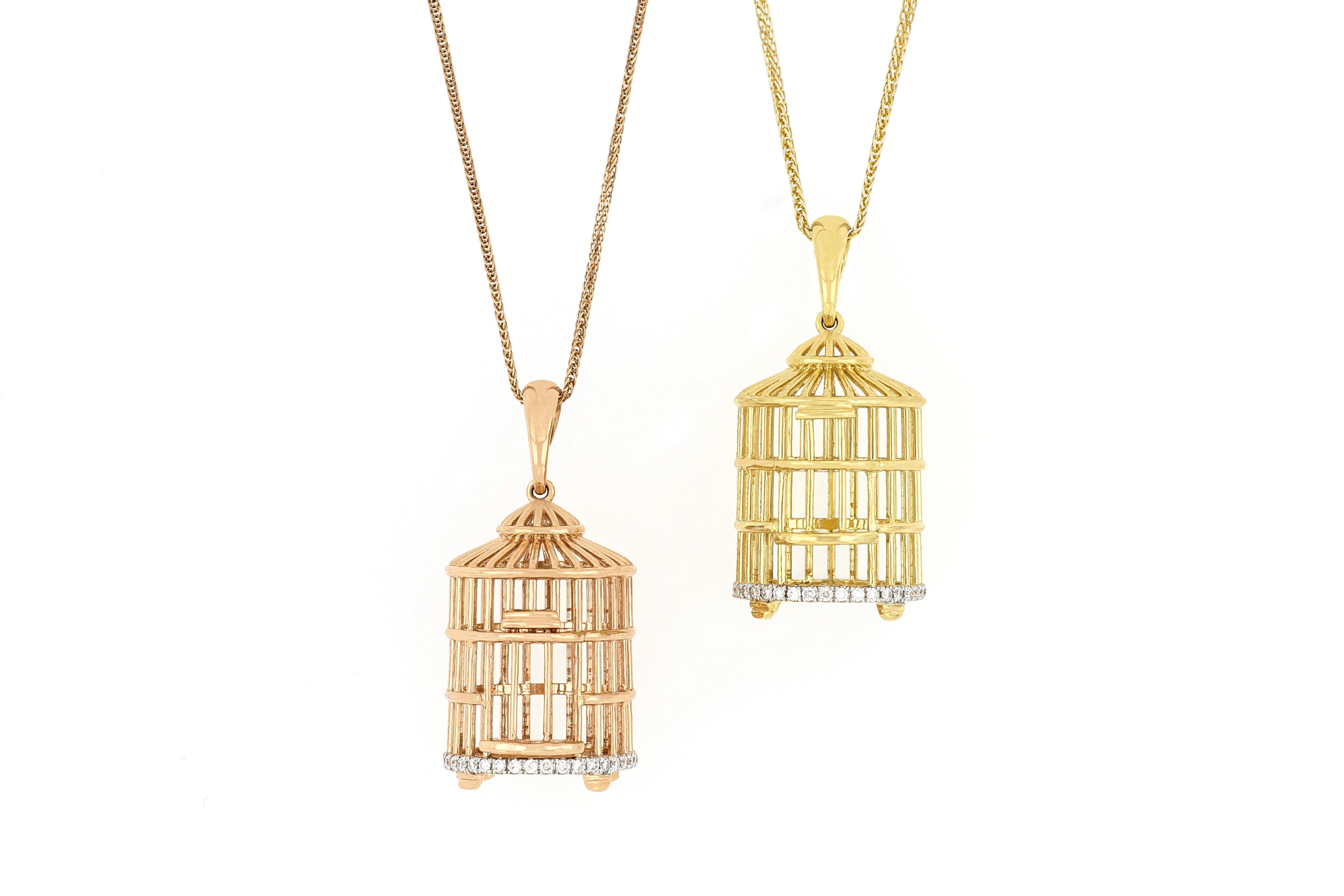 Taille brillant Pendentif en forme de cage d'oiseau en or 18 carats et diamants avec collier en vente