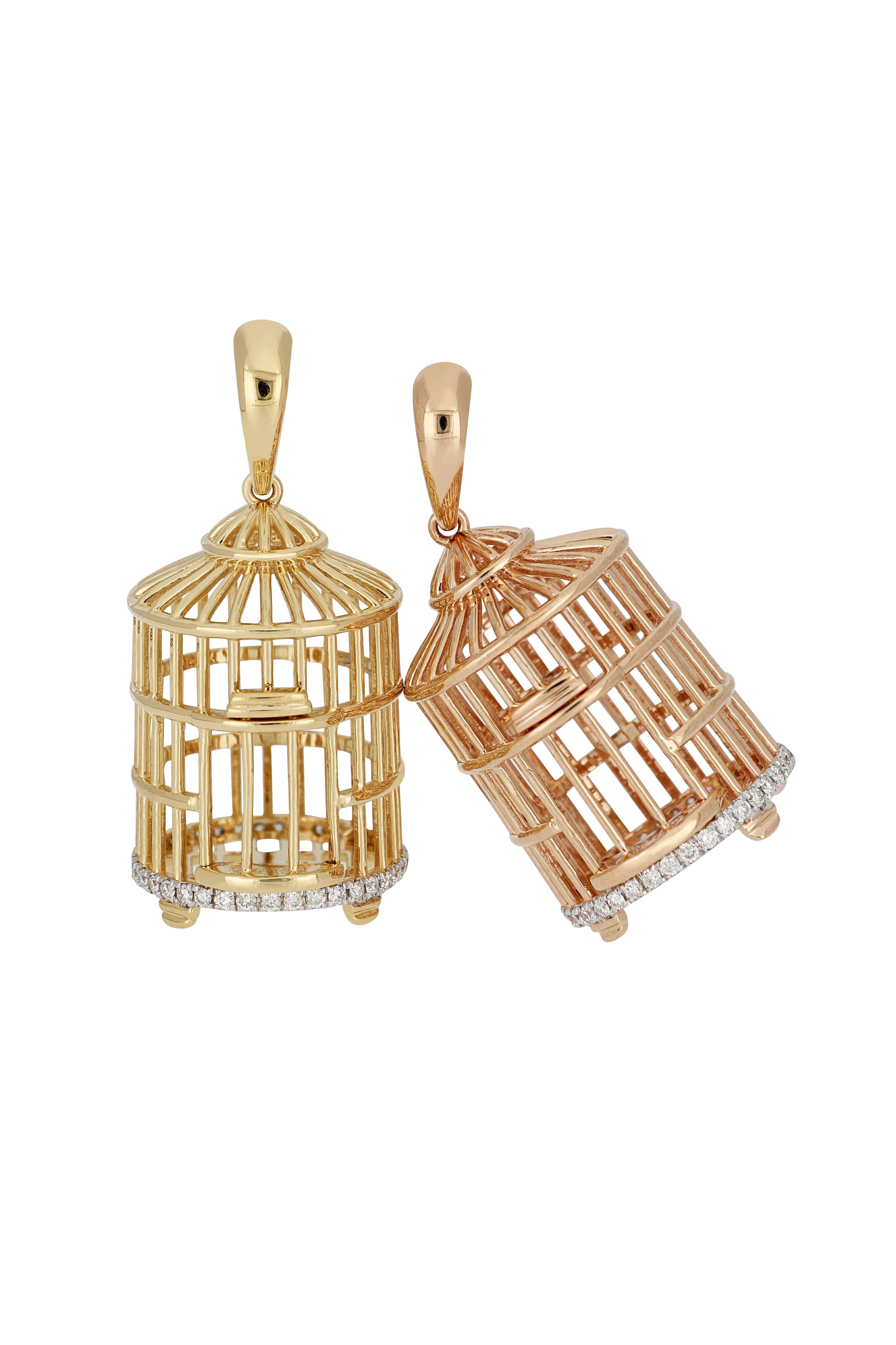 Contemporary 18 Karat Gold Bird Cage Diamond Pendant with Necklace For Sale