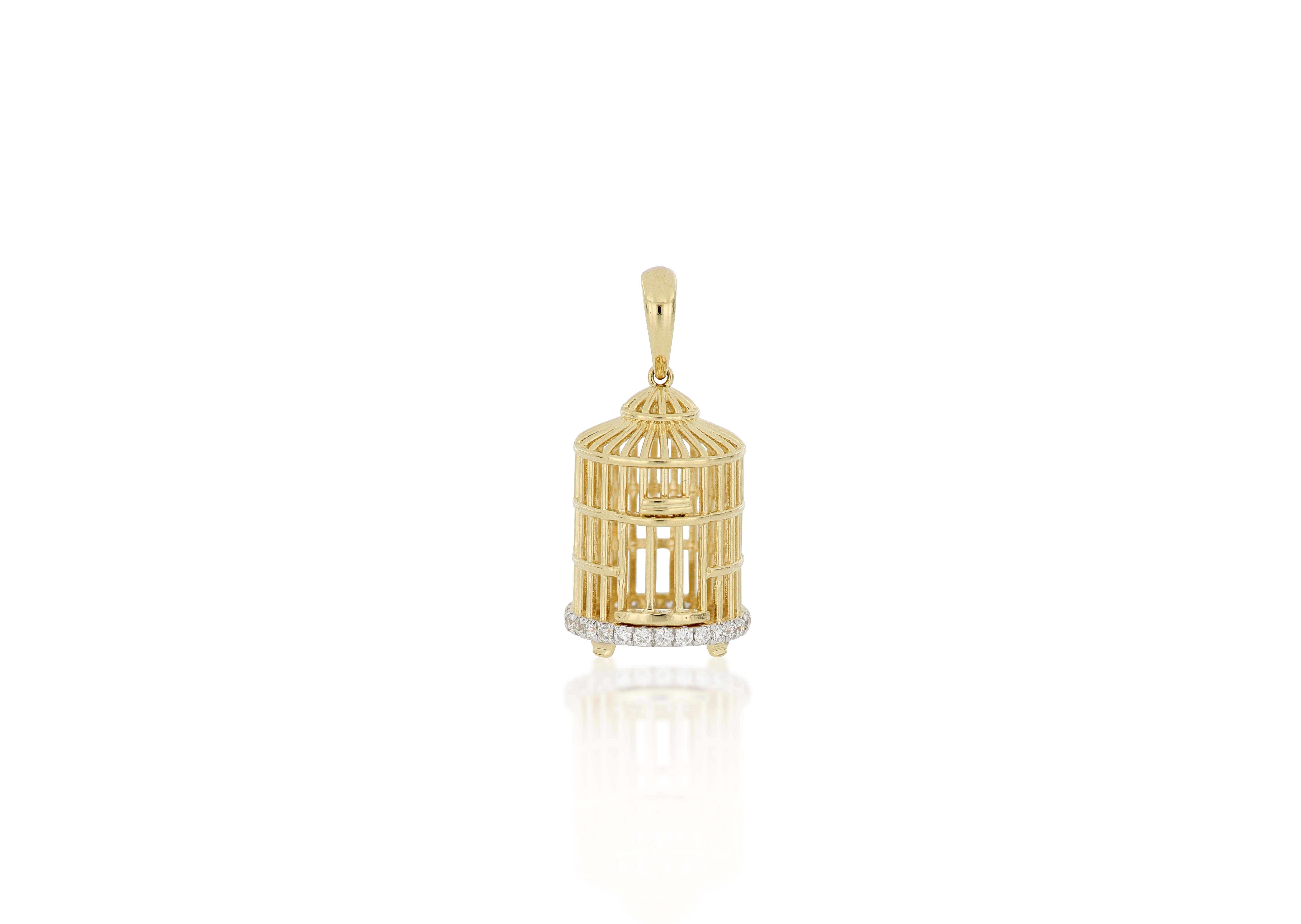 Brilliant Cut 18 Karat Gold Bird Cage Diamond Pendant with Necklace For Sale