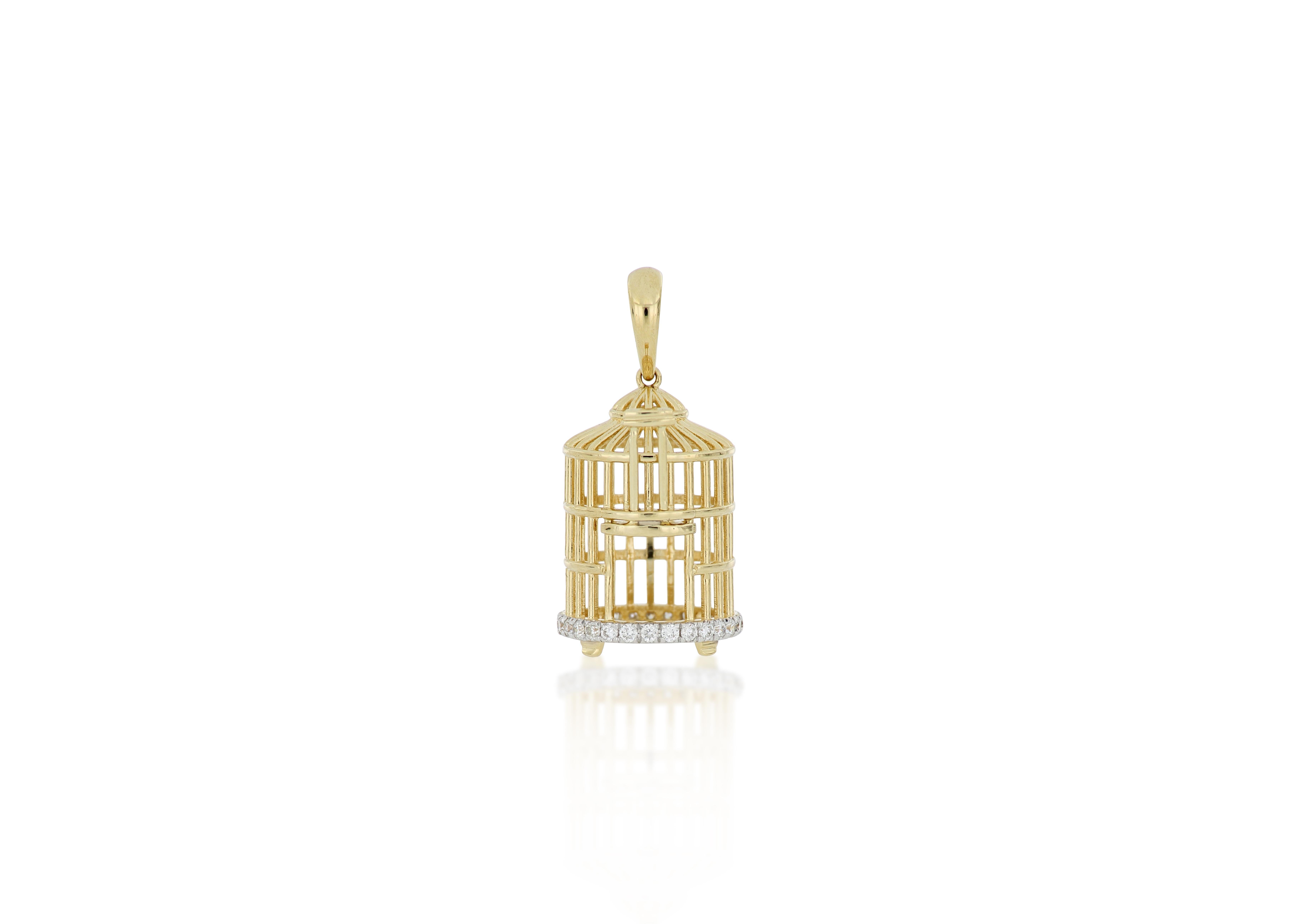 Women's or Men's 18 Karat Gold Bird Cage Diamond Pendant with Necklace For Sale