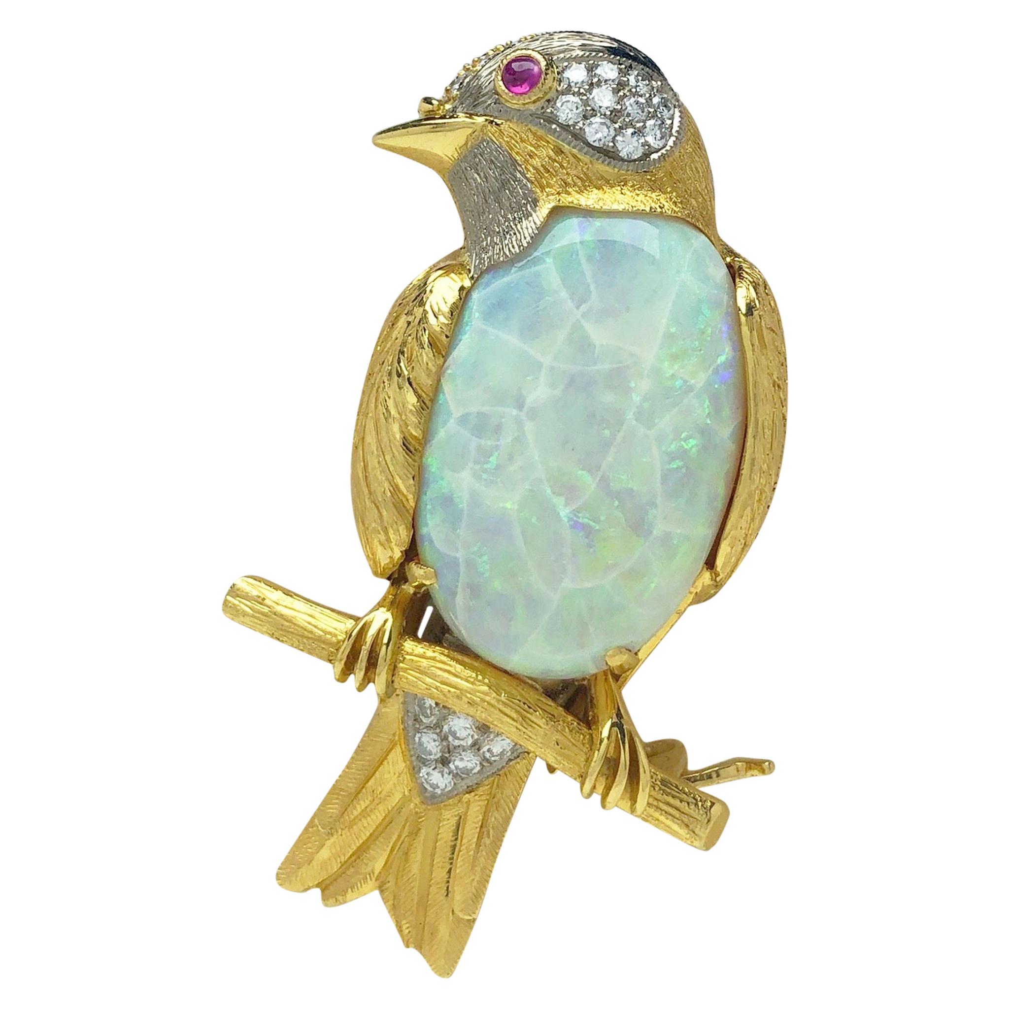 18 Karat Gold Bird on a Branch Brooch with 11.26ct. Opal and .50 Carat Diamonds