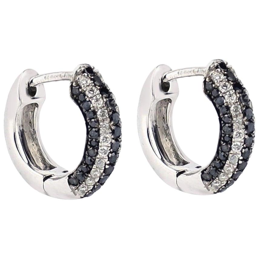 18 Karat Gold Black and White Diamond Huggie Hoop Earrings For Sale