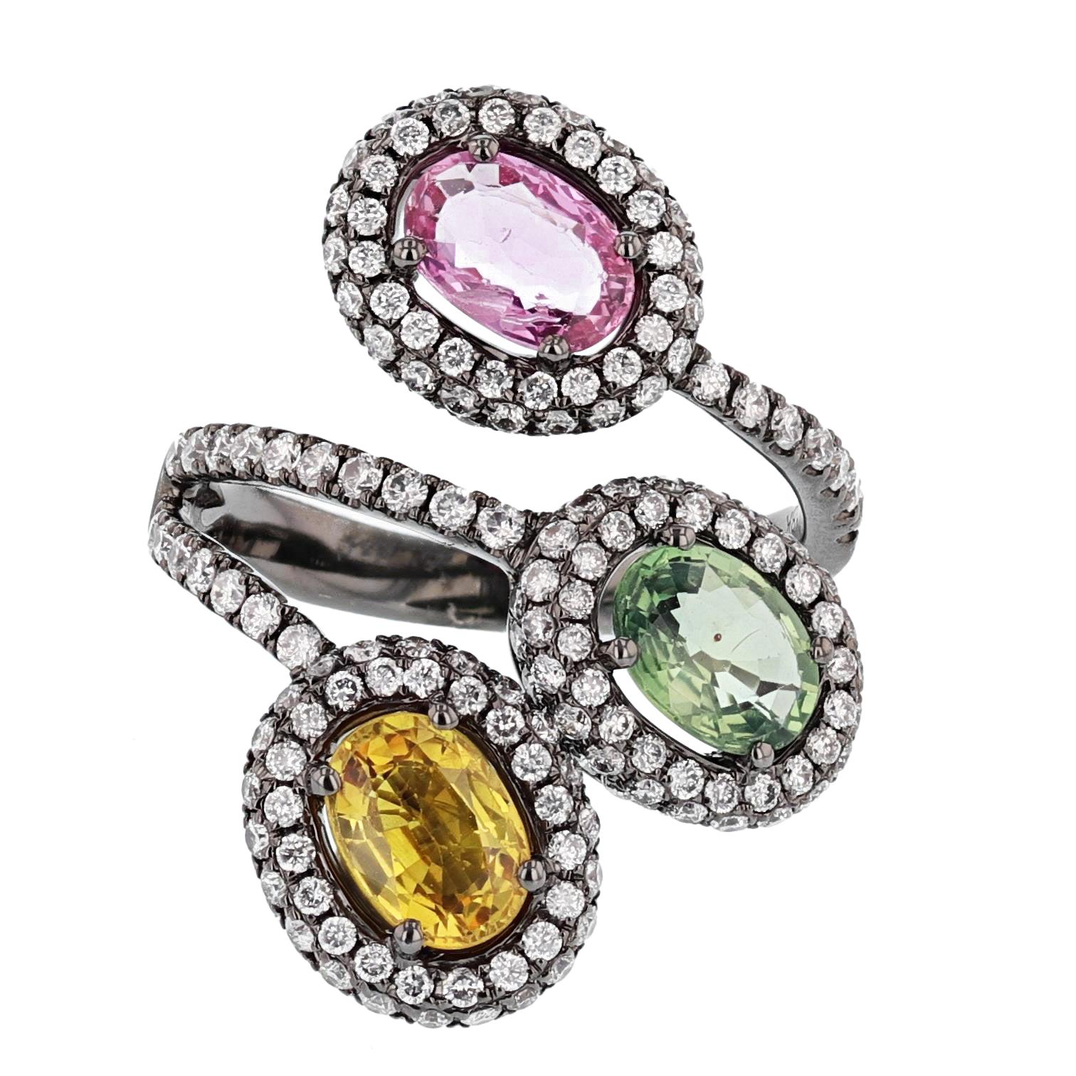 18 Karat Gold Black Rhodium Multi-Color Sapphires and Diamond Ring For Sale