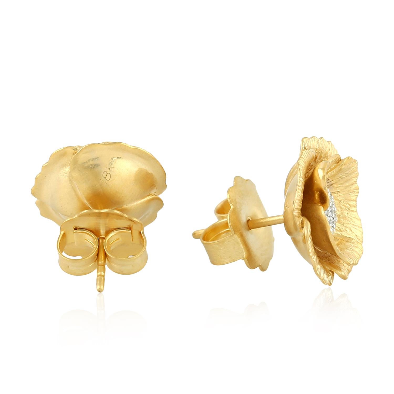 Modern 18 Karat Gold Bloom Flower Diamond Stud Earrings For Sale
