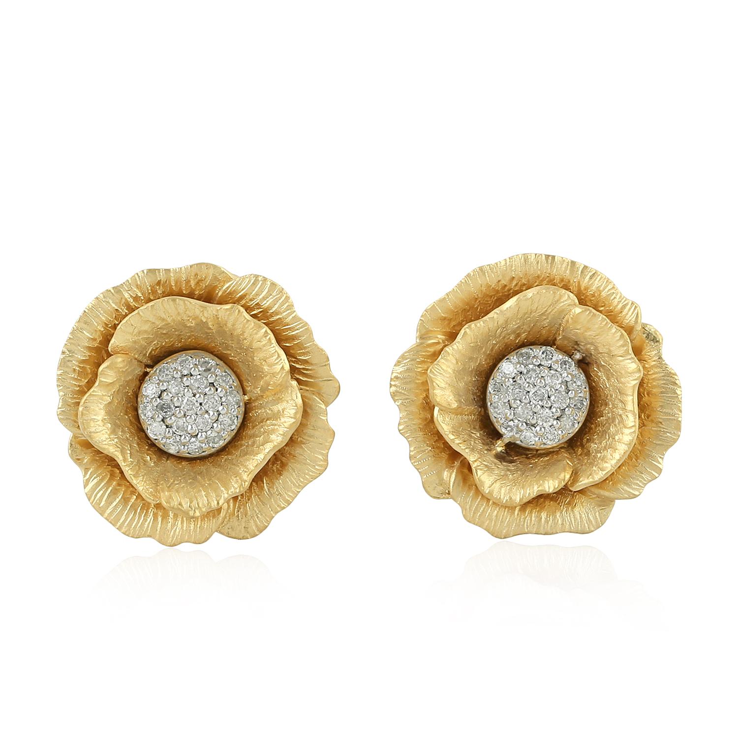 Single Cut 18 Karat Gold Bloom Flower Diamond Stud Earrings For Sale