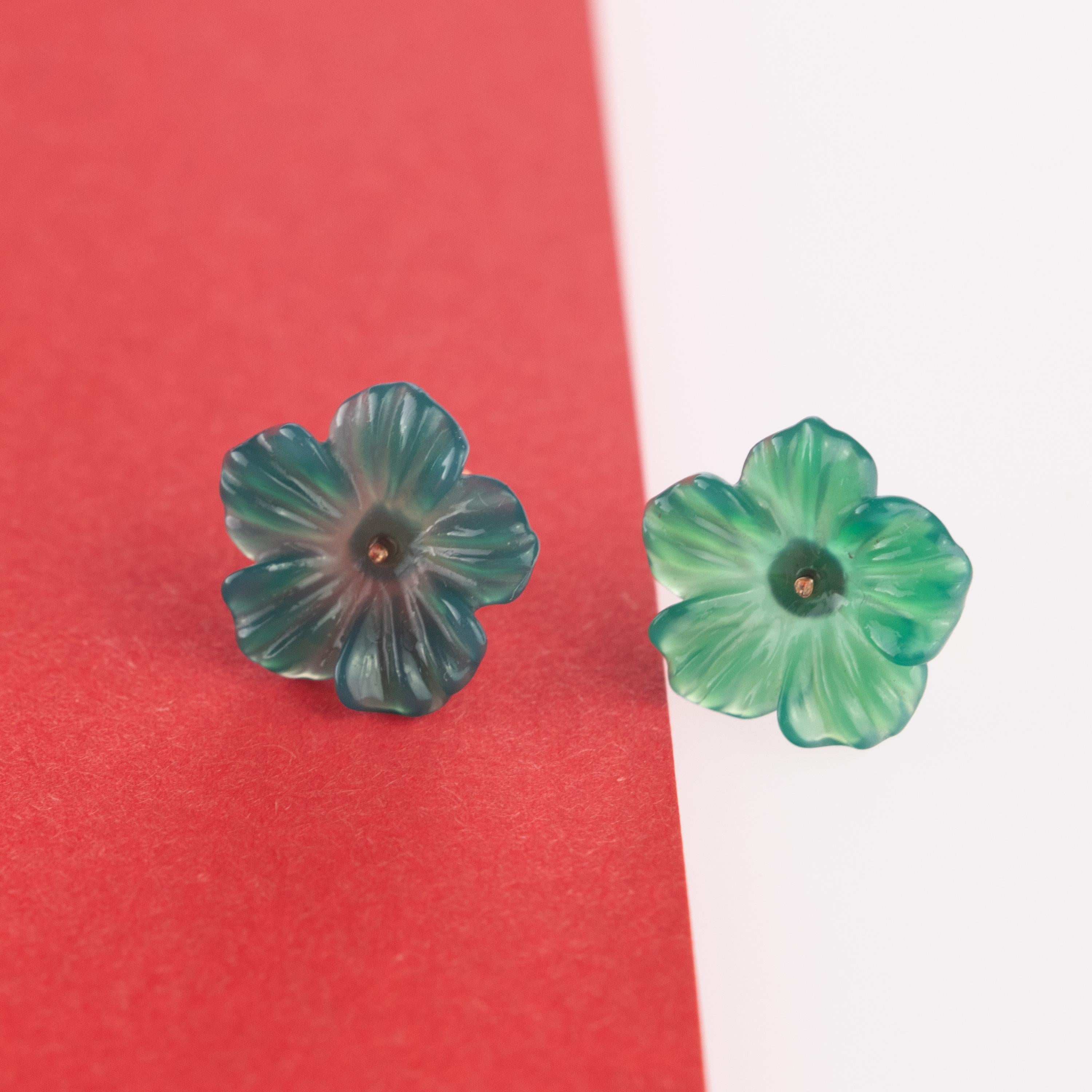 Arts and Crafts 18 Karat Gold Blue Agate Flower Handmade Italian Girl Carved Stud Earrings For Sale