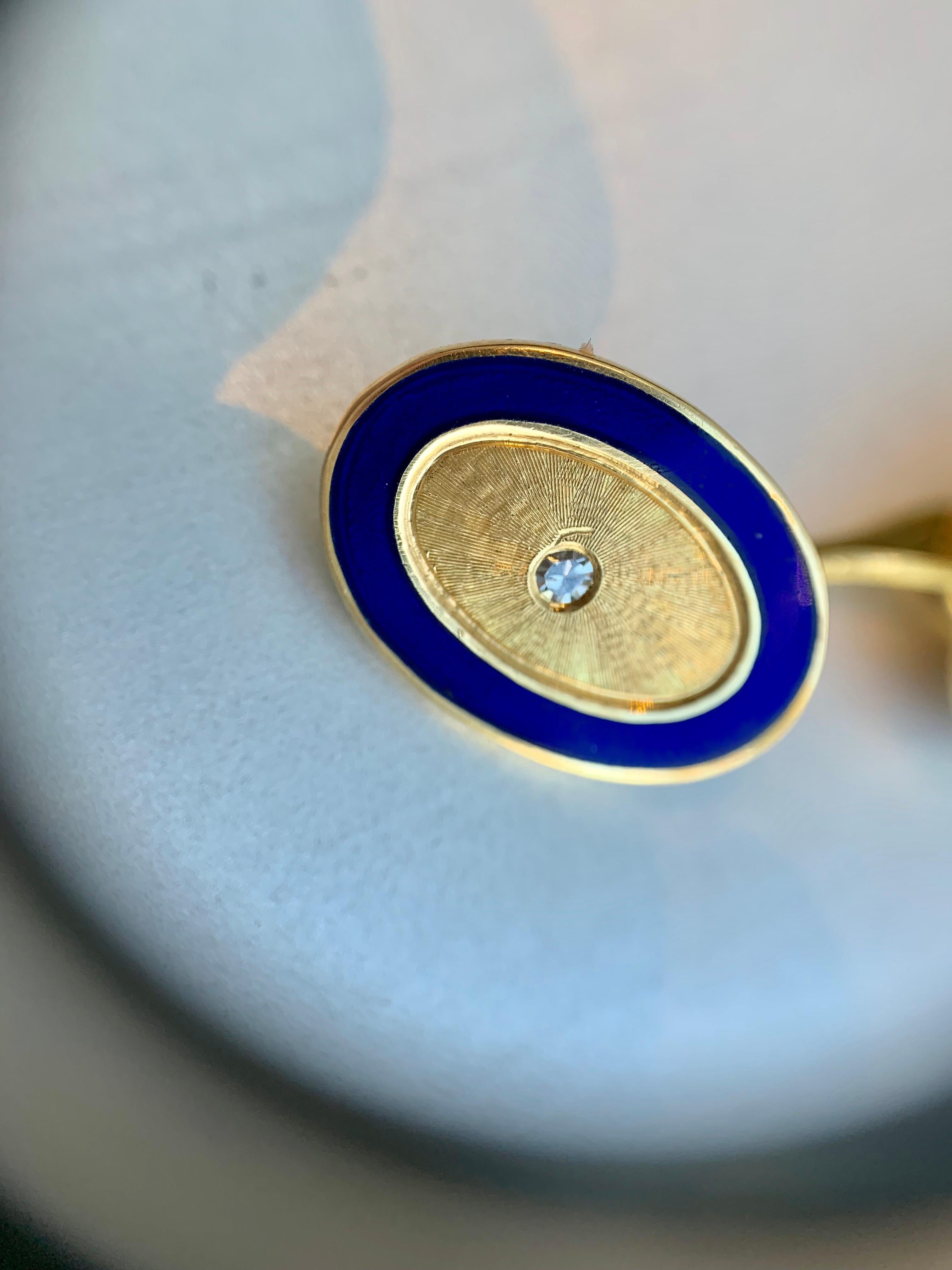 18 Karat Gold, Blue Enamel and Diamond Vintage Oval Cufflinks For Sale 5