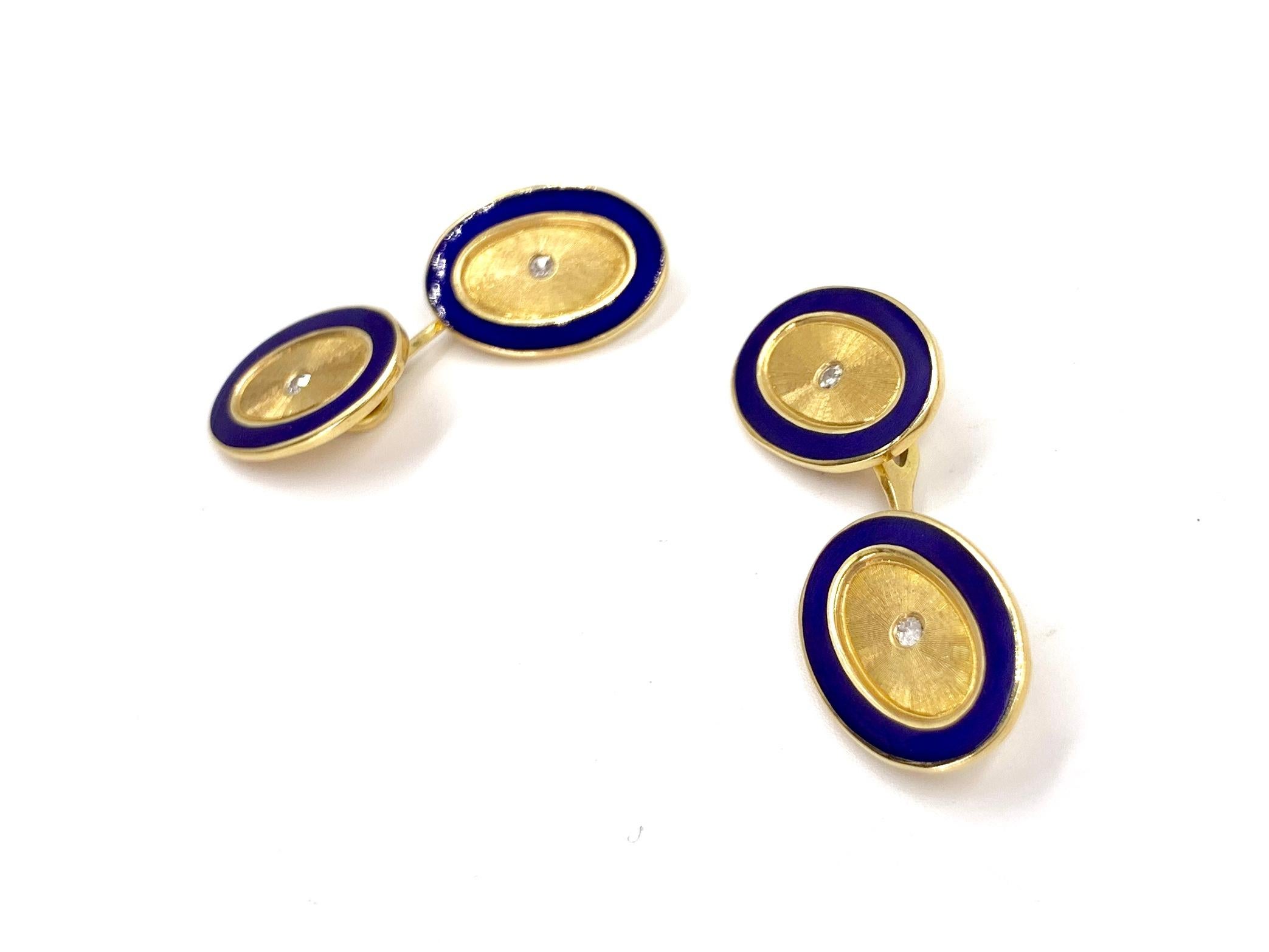 Round Cut 18 Karat Gold, Blue Enamel and Diamond Vintage Oval Cufflinks For Sale