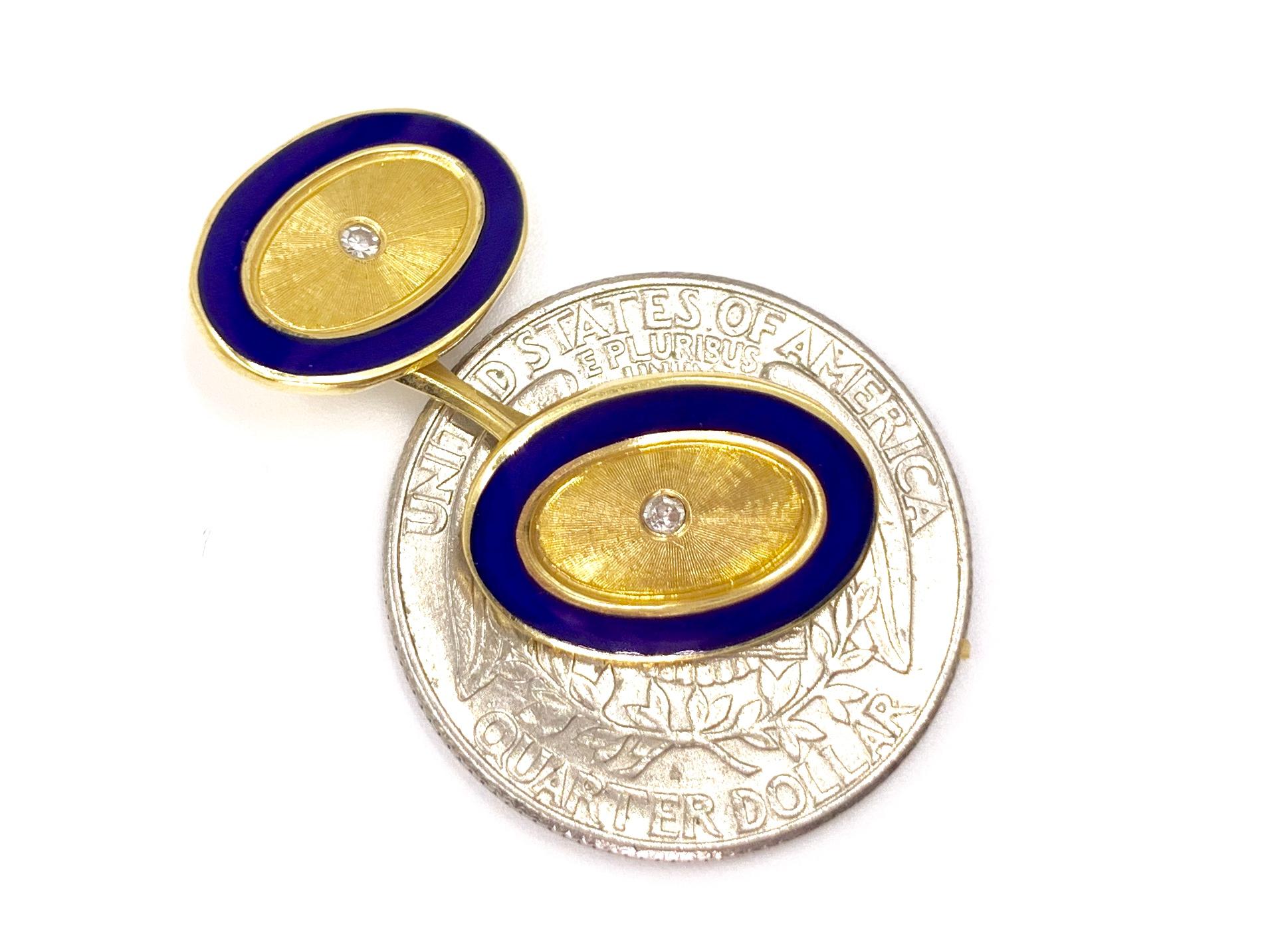 Women's or Men's 18 Karat Gold, Blue Enamel and Diamond Vintage Oval Cufflinks For Sale
