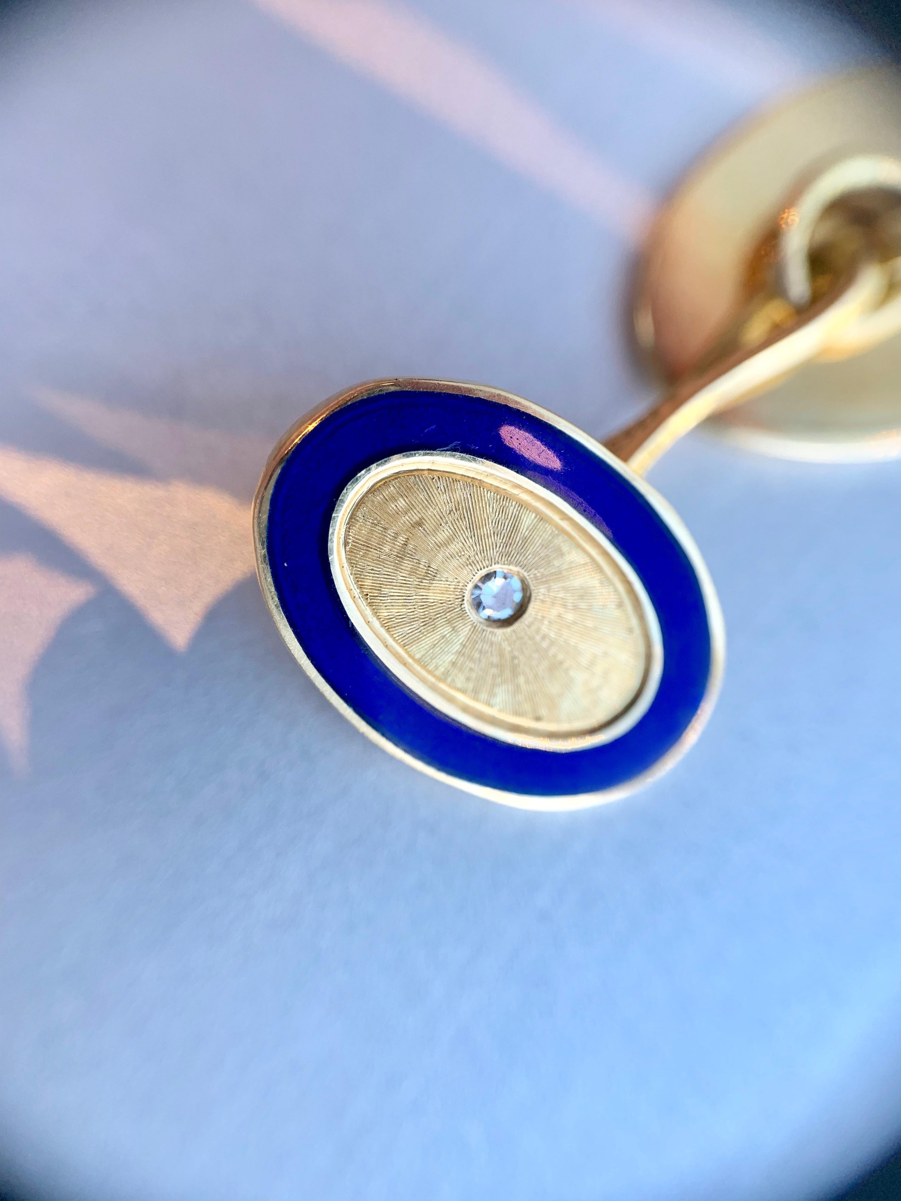 18 Karat Gold, Blue Enamel and Diamond Vintage Oval Cufflinks For Sale 2