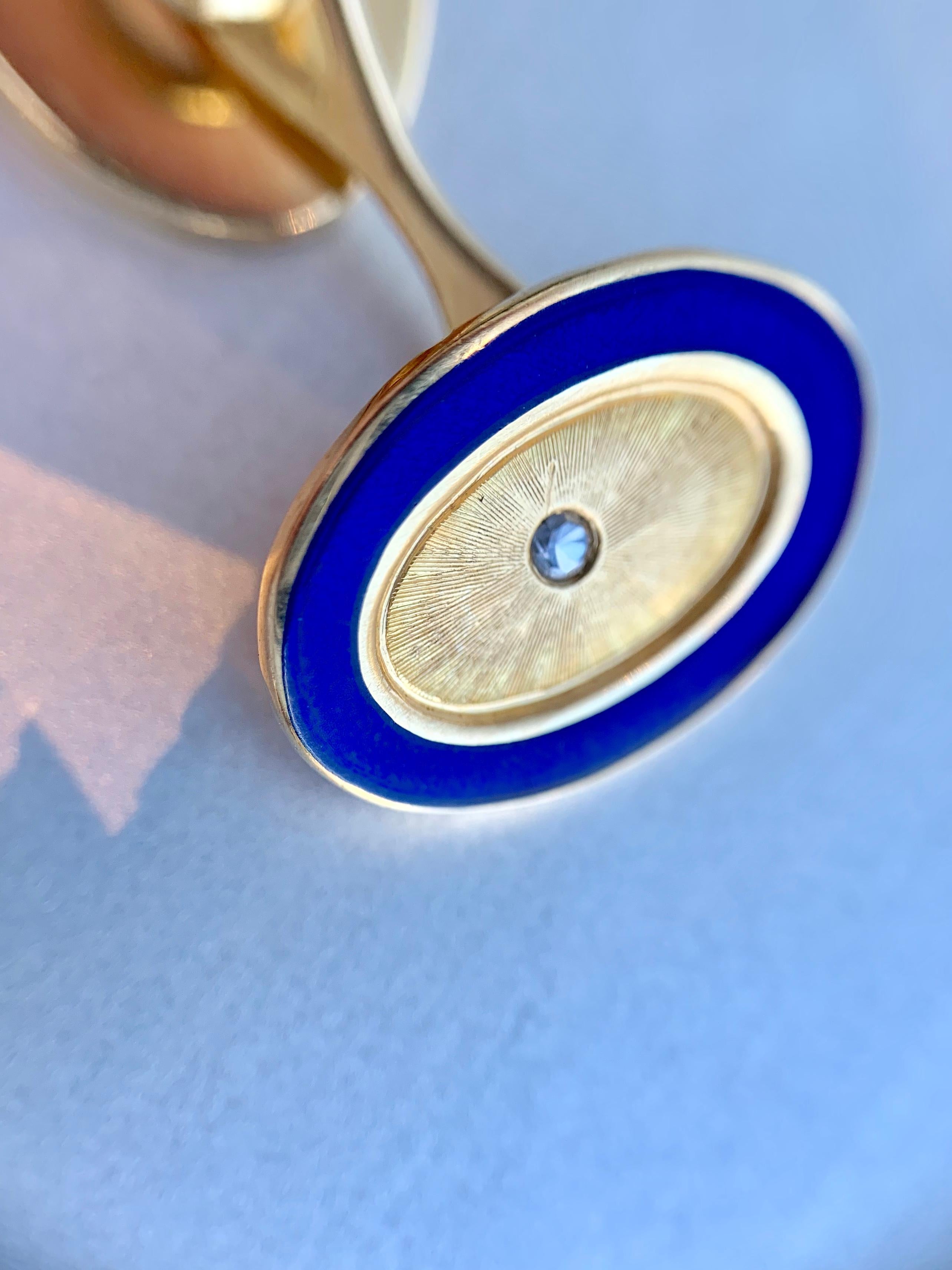 18 Karat Gold, Blue Enamel and Diamond Vintage Oval Cufflinks For Sale 3