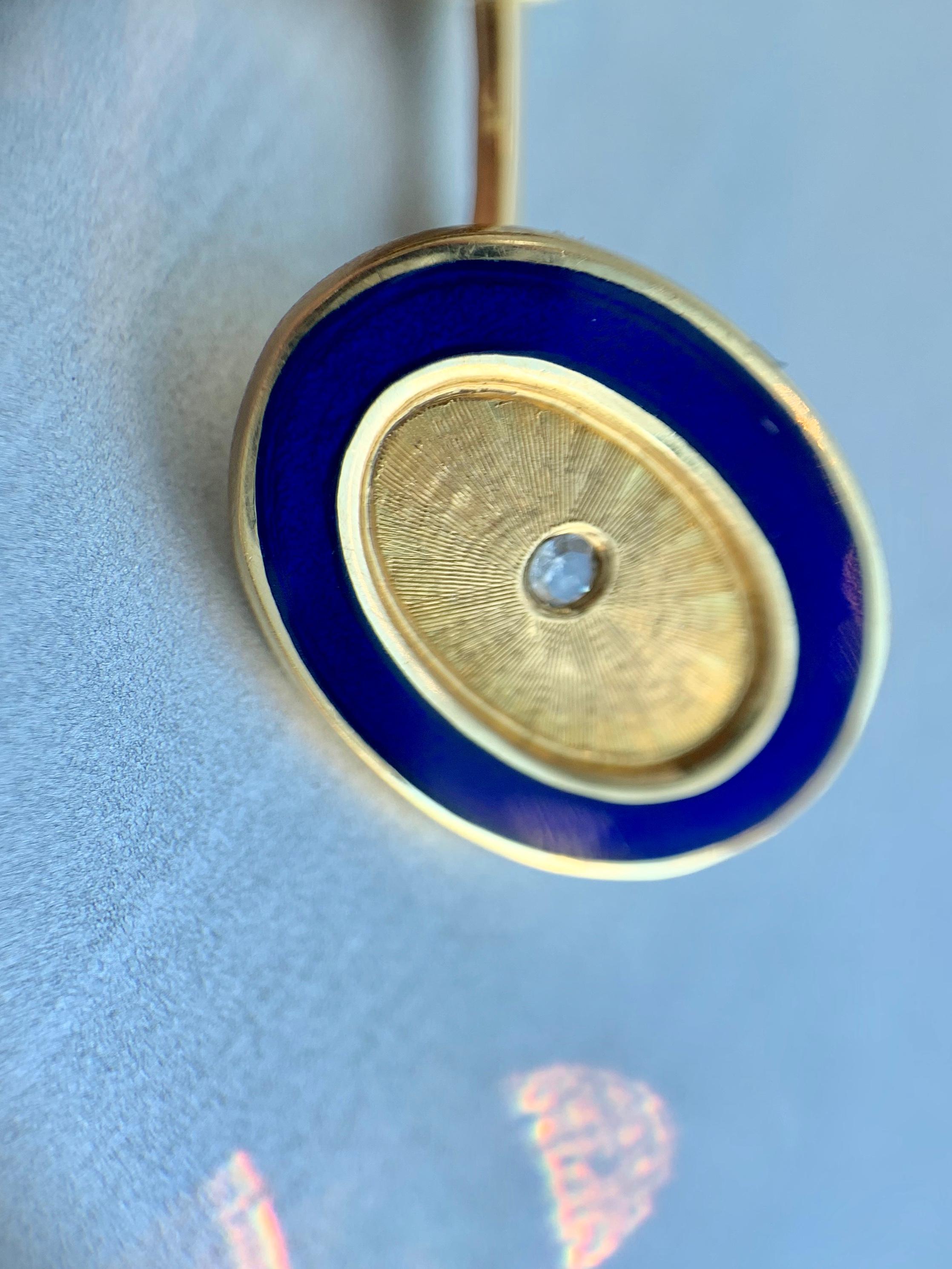 18 Karat Gold, Blue Enamel and Diamond Vintage Oval Cufflinks For Sale 4
