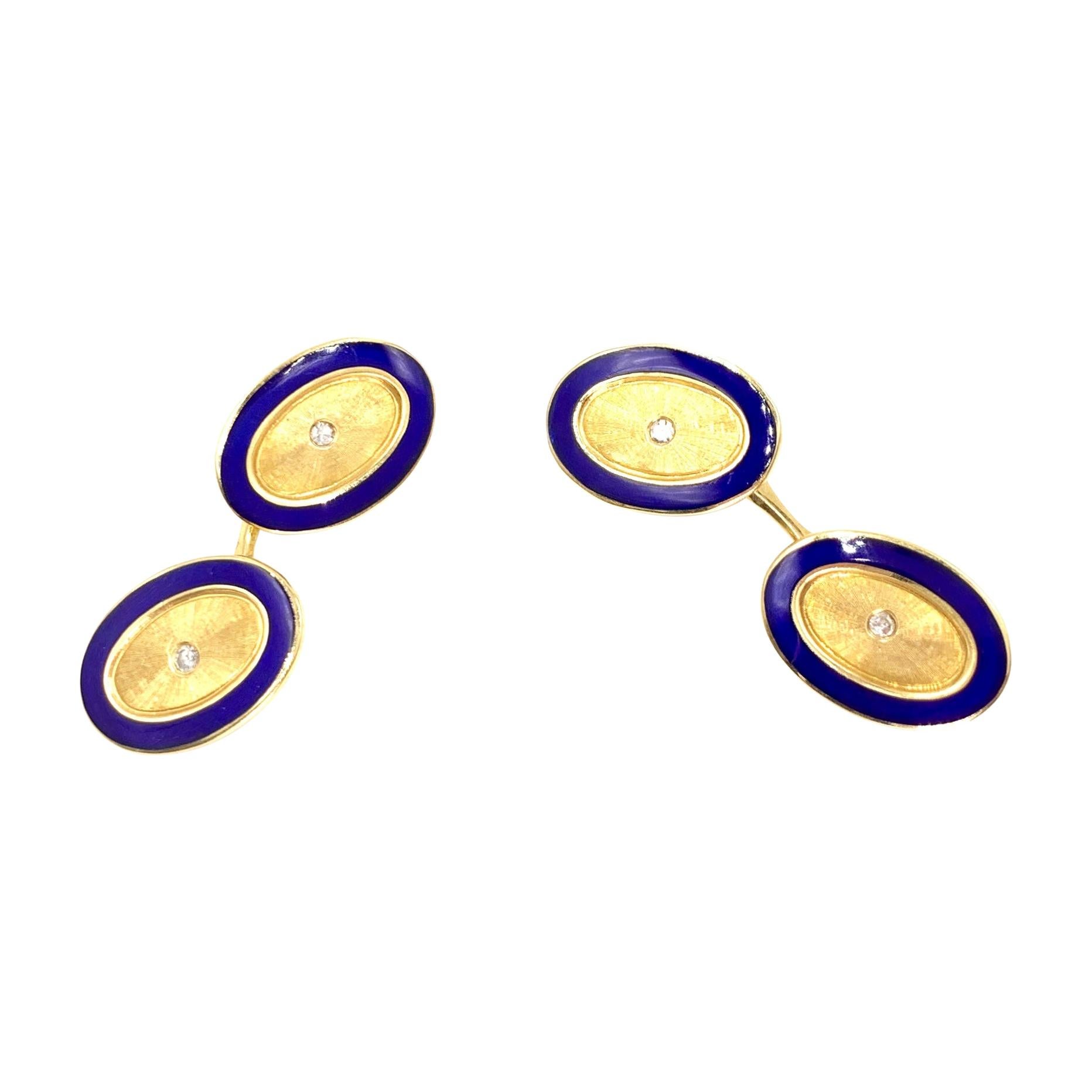 18 Karat Gold, Blue Enamel and Diamond Vintage Oval Cufflinks For Sale