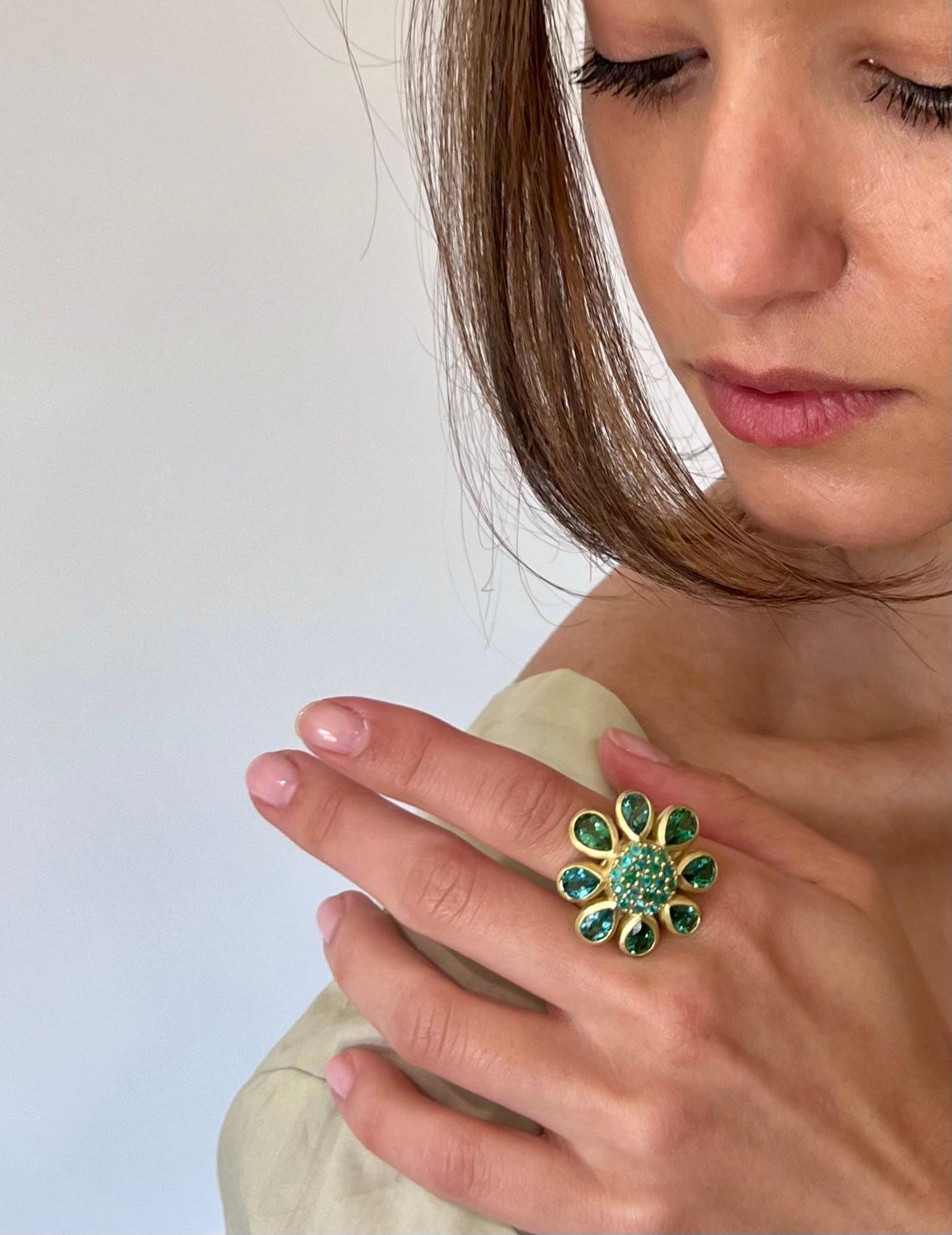 Contemporary  18 Karat Gold Blue-Green and Paraiba Tourmaline Flower Ring For Sale
