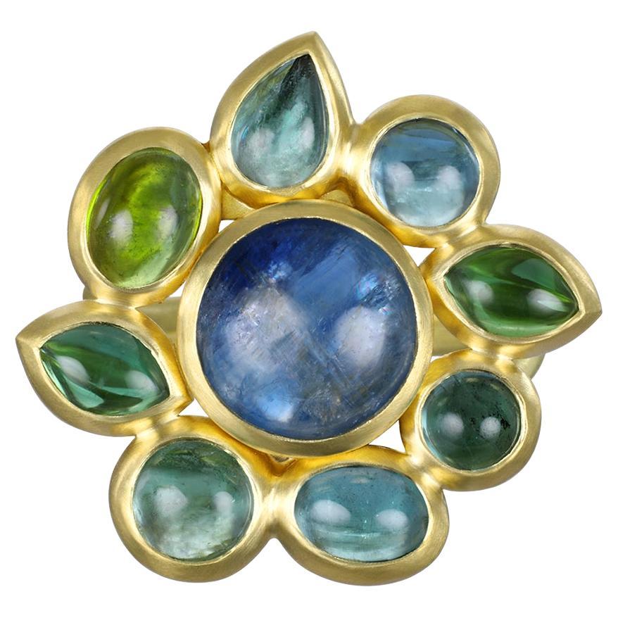 18 Karat Gold Blue-Green Tourmaline Cabochon Flower Ring For Sale