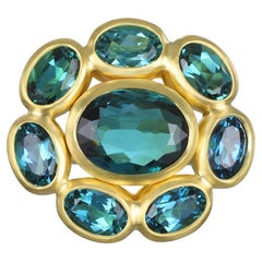 18 Karat Gold Blue-Green Tourmaline Daisy Ring