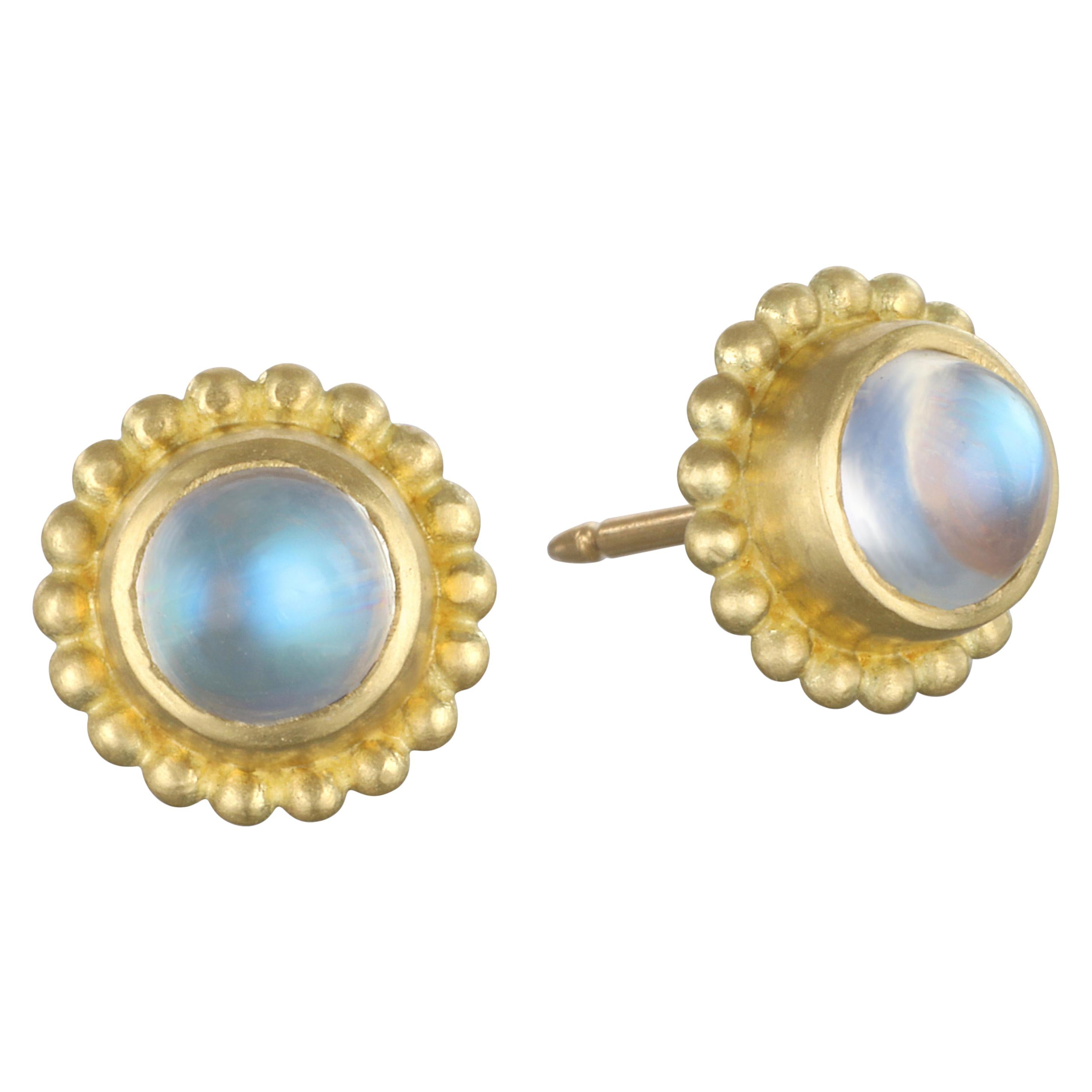 18 Karat Gold Blue Moonstone Stud Earrings with Granulation Border