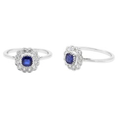18 Karat Gold Blue Sapphire Cushion and Diamond Cluster Ring in Art-Deco Style