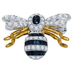 18 Karat Gold Blauer Saphir & Diamant Bienenbrosche Anstecknadel