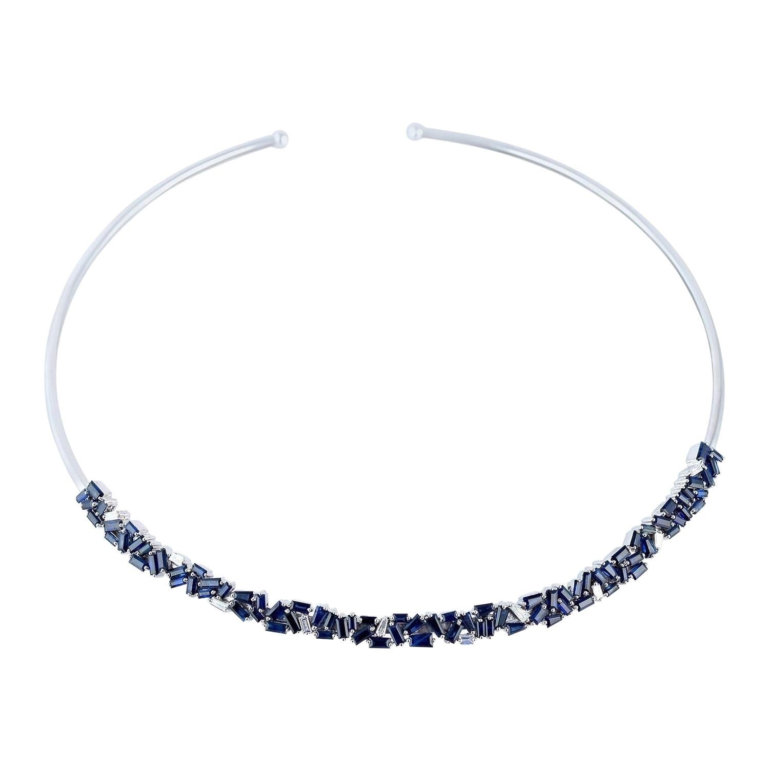 18 Karat Gold Blue Sapphire Diamond Choker Necklace For Sale