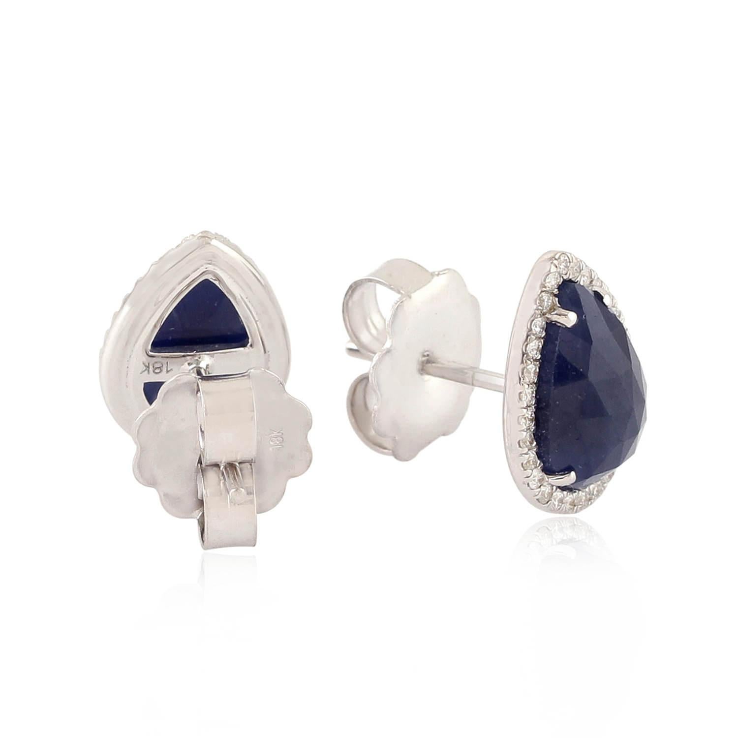 Artisan Blue Sapphire Diamond 18 Karat Gold Pear Stud Earrings For Sale