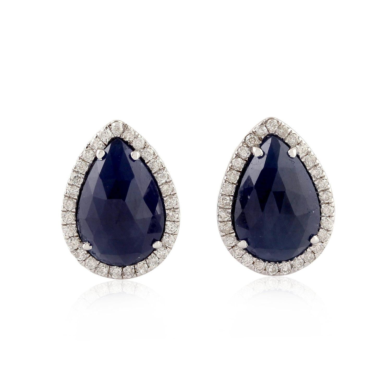 Pear Cut Blue Sapphire Diamond 18 Karat Gold Pear Stud Earrings For Sale