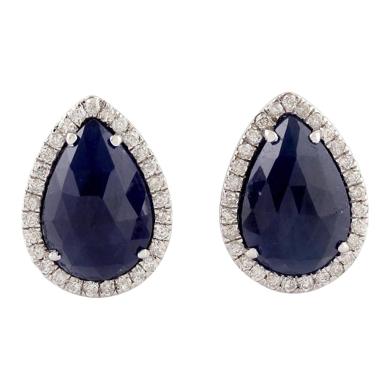 Blue Sapphire Diamond 18 Karat Gold Pear Stud Earrings