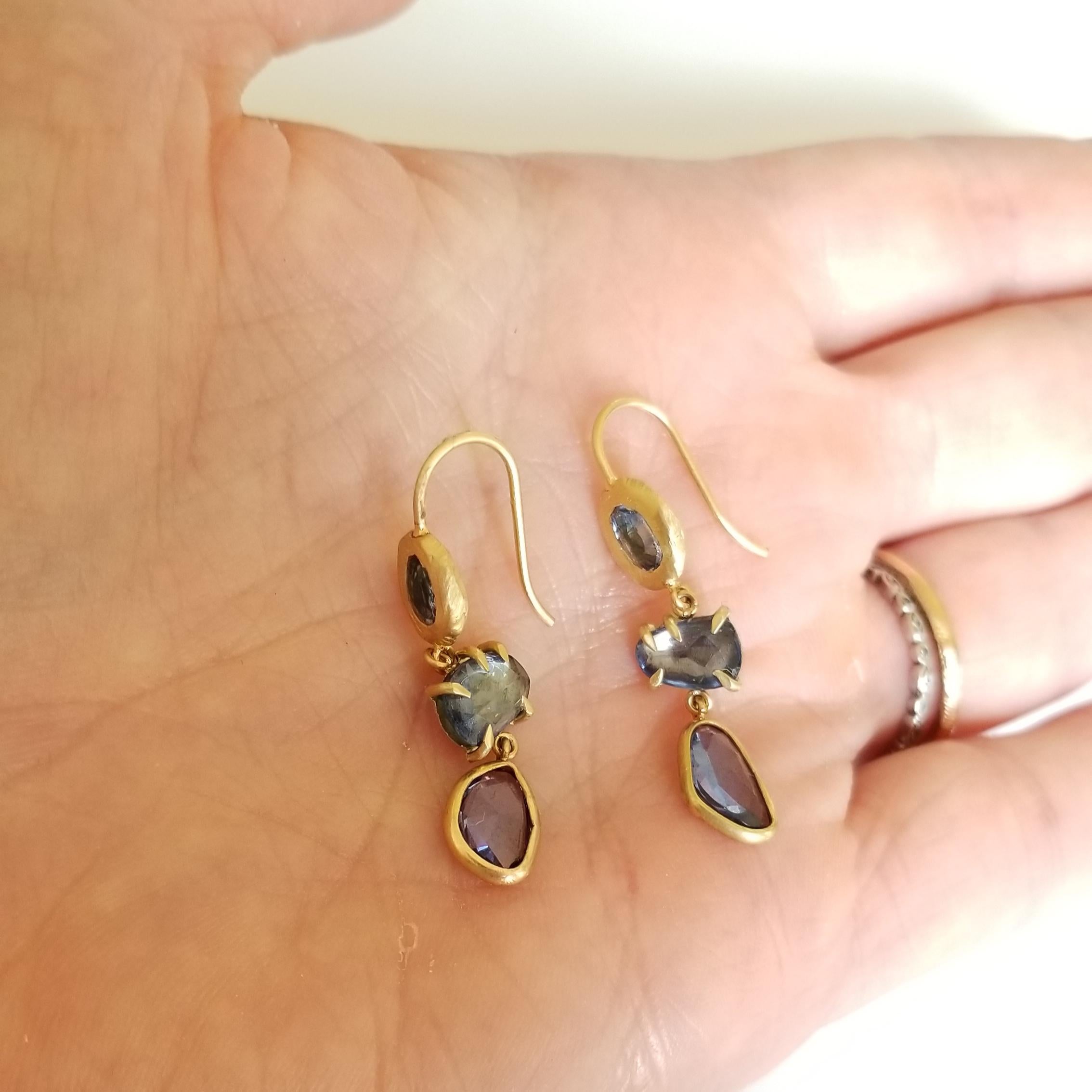 Rose Cut 18 Karat Gold Blue Sapphire Drop Earrings For Sale