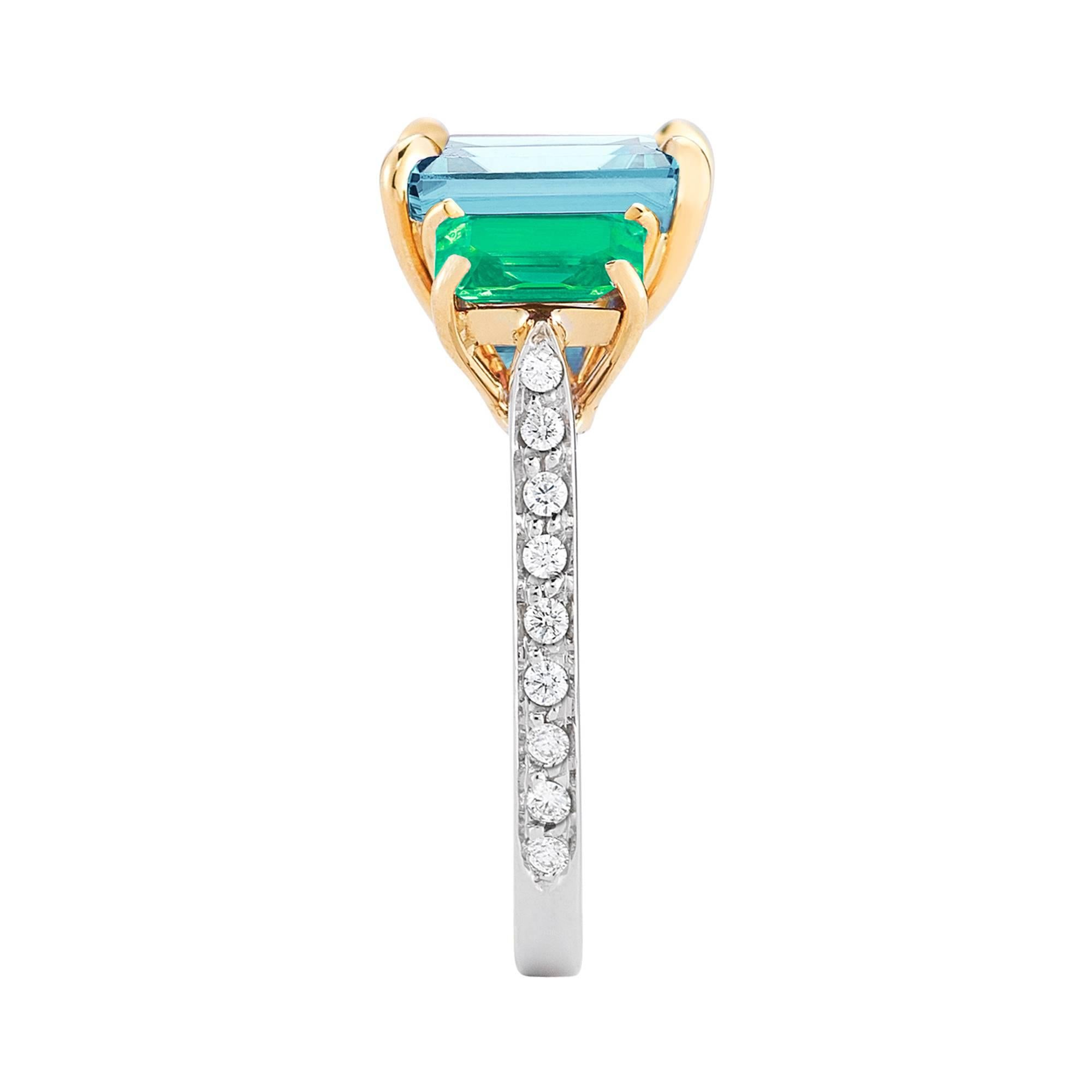 Emerald Cut 18 Karat Gold Blue Topaz 7.31 Carat, Green Tourmaline 1.3 Carat and Diamond Ring