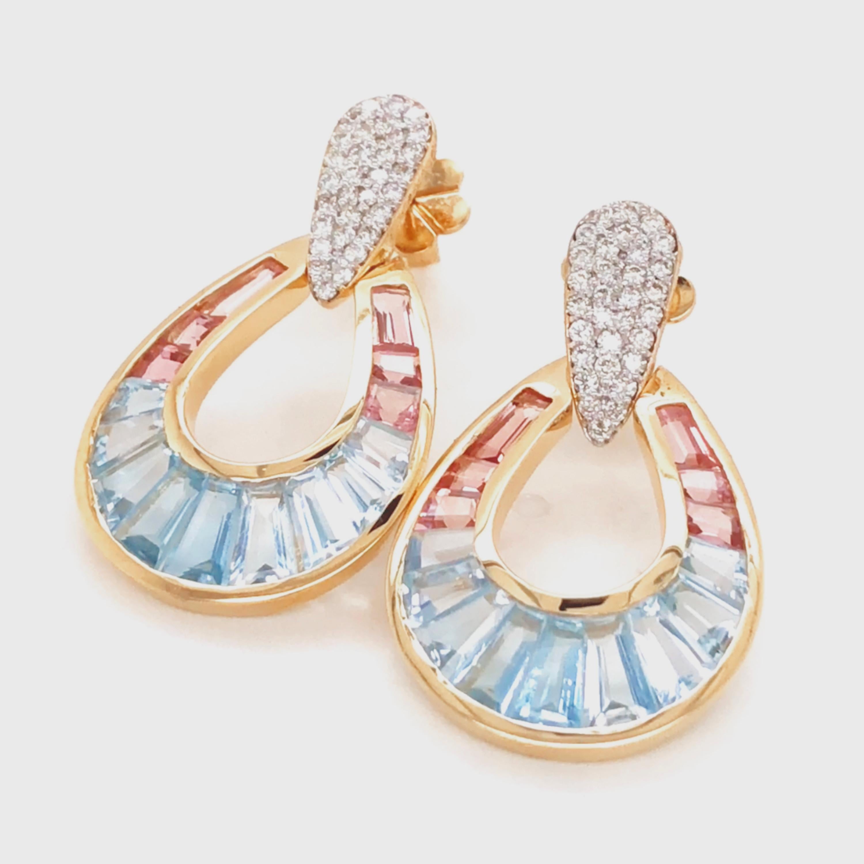18 Karat Gold Aquamarine Pink Tourmaline Baguette Diamond Dangle Drop Earrings For Sale 4