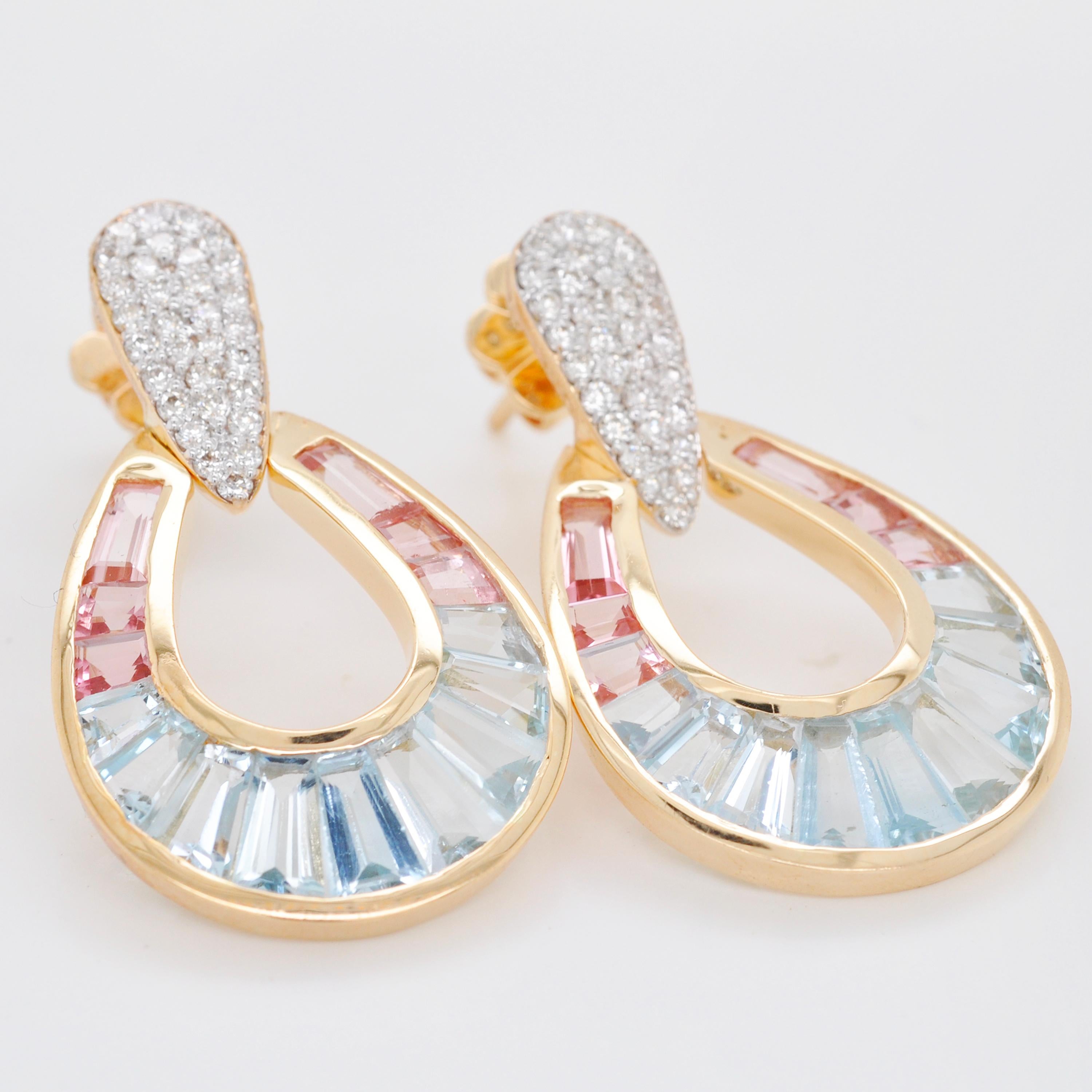 Contemporary 18 Karat Gold Aquamarine Pink Tourmaline Baguette Diamond Dangle Drop Earrings For Sale