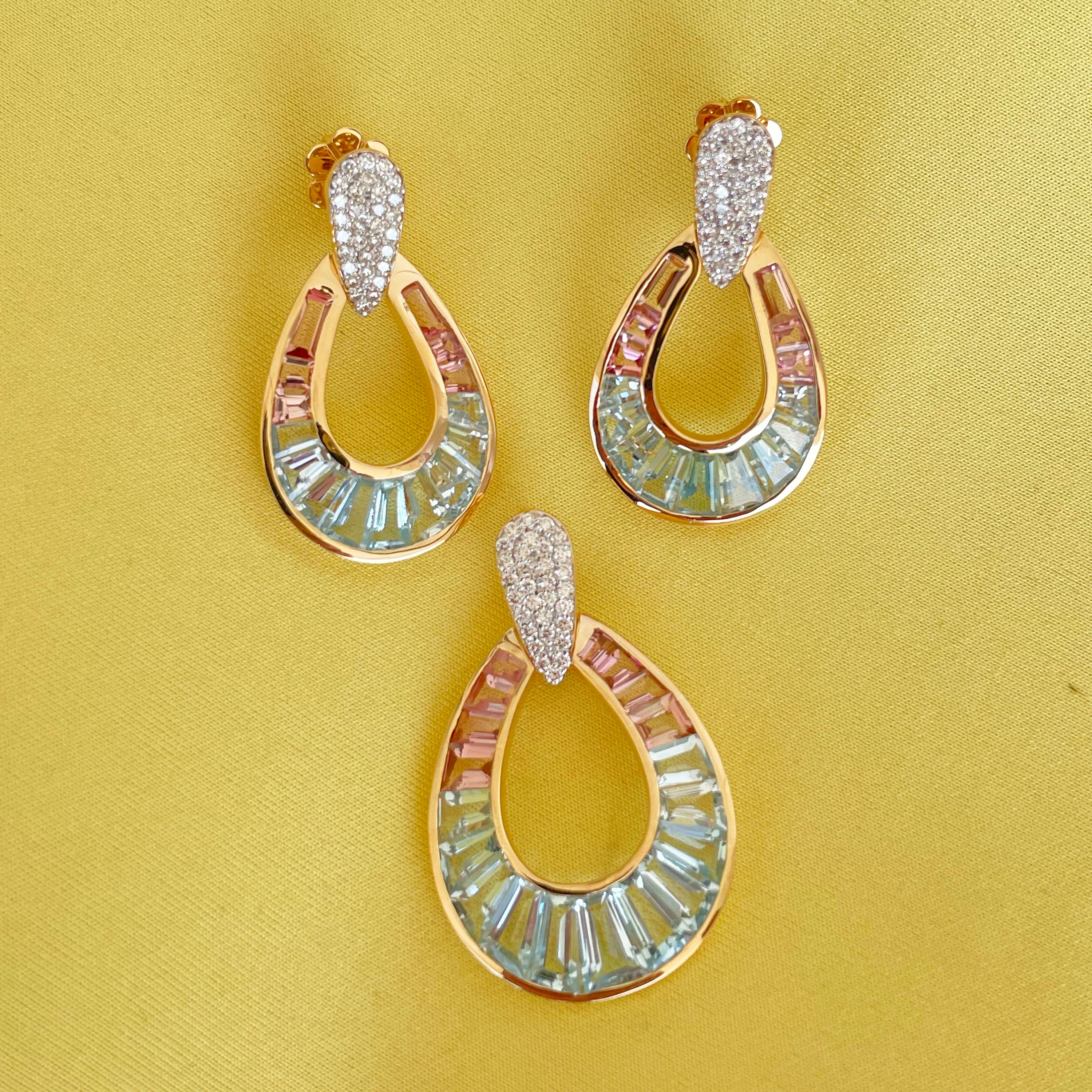 Pendants d'oreilles en or 18 carats avec aigue-marine, tourmaline rose et diamants baguettes Neuf - En vente à Jaipur, Rajasthan