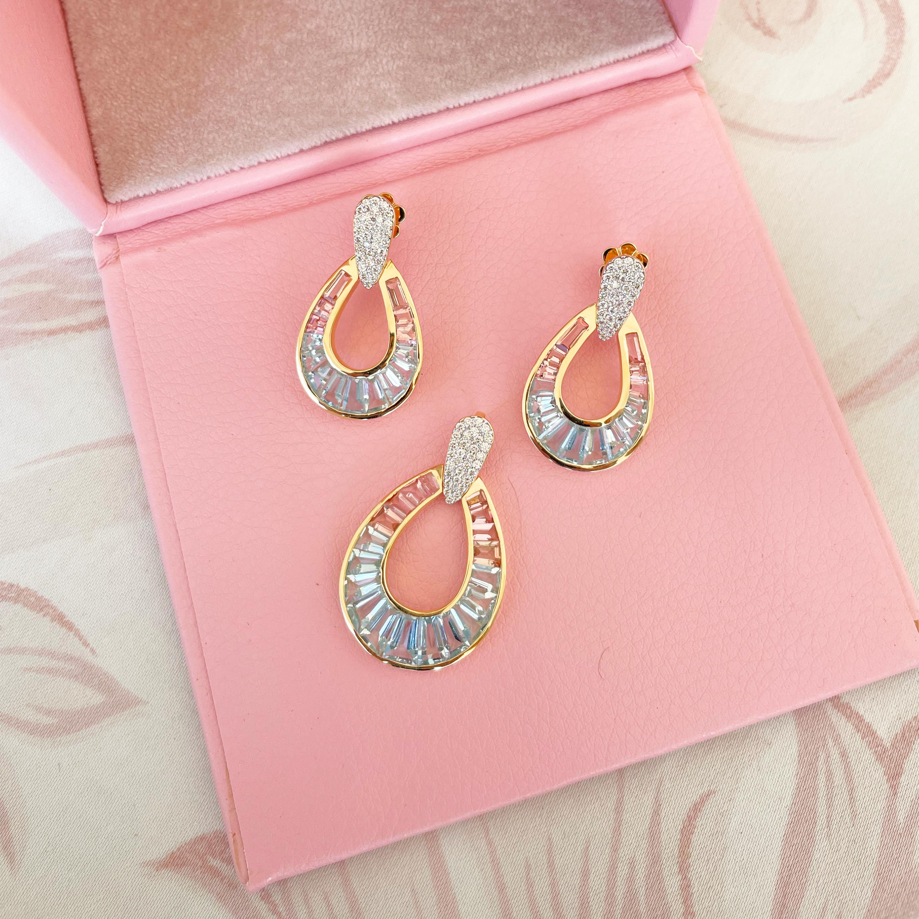 Women's 18 Karat Gold Aquamarine Pink Tourmaline Baguette Diamond Dangle Drop Earrings For Sale