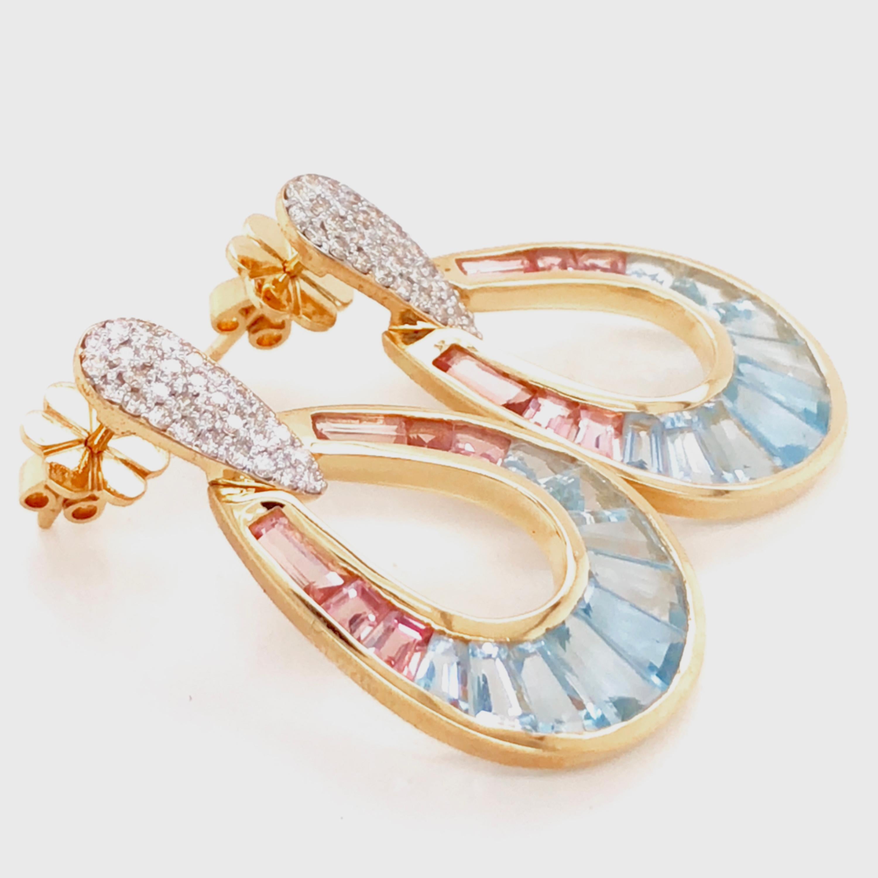 18 Karat Gold Aquamarine Pink Tourmaline Baguette Diamond Dangle Drop Earrings For Sale 1