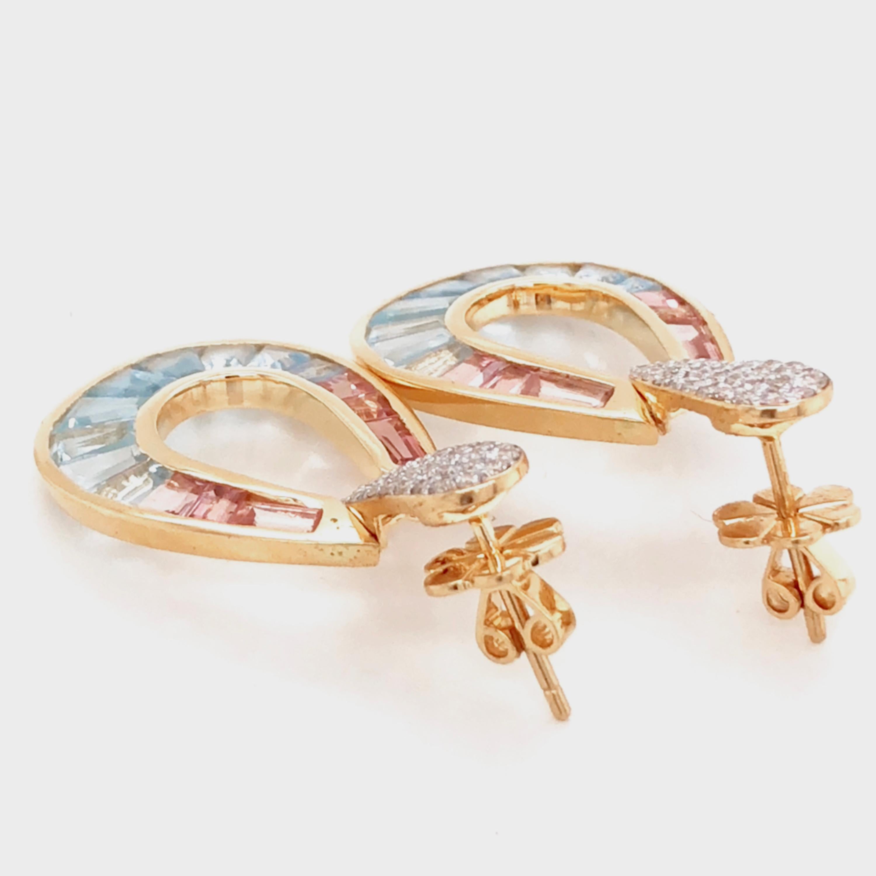 18 Karat Gold Aquamarine Pink Tourmaline Baguette Diamond Dangle Drop Earrings For Sale 2