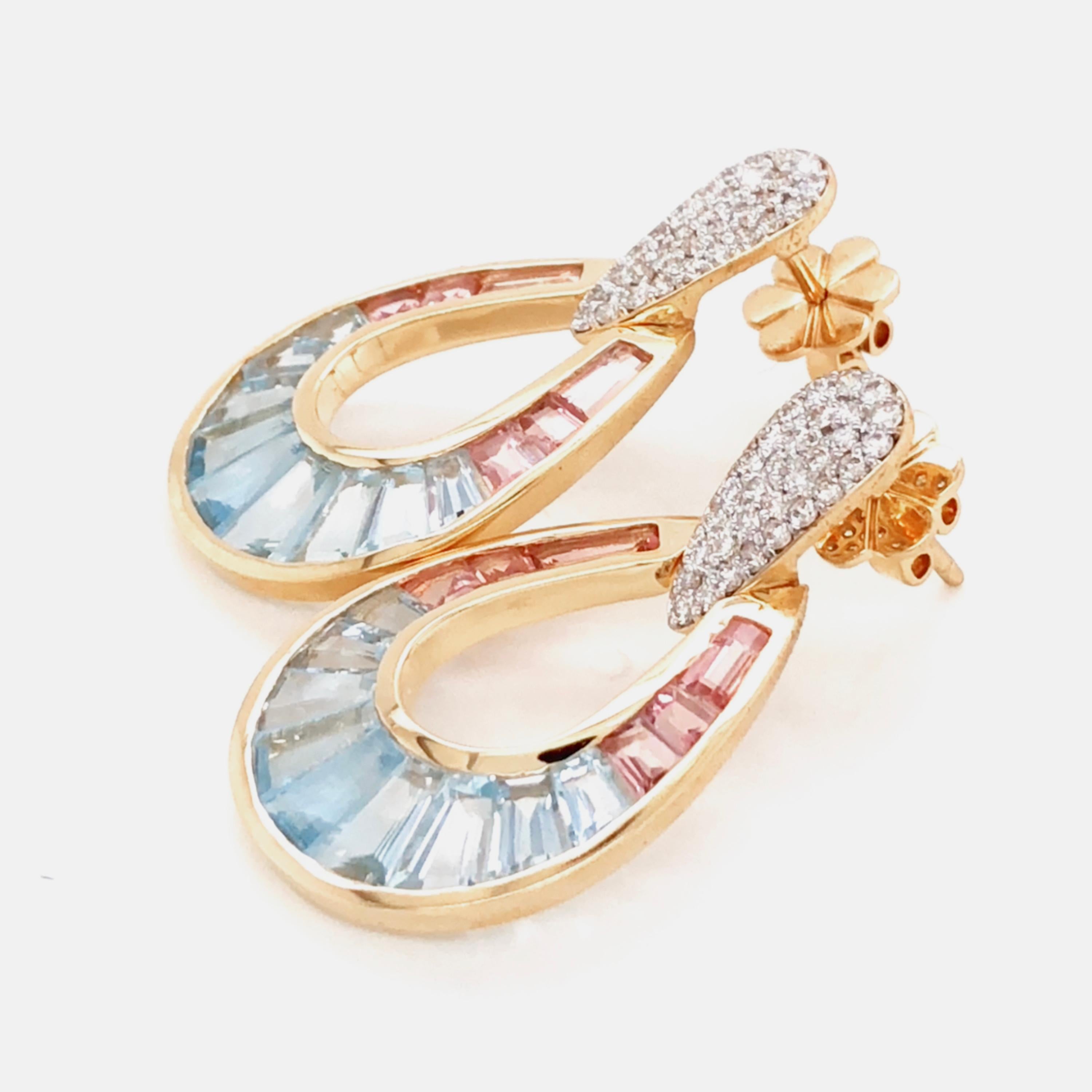 18 Karat Gold Aquamarine Pink Tourmaline Baguette Diamond Dangle Drop Earrings For Sale 3
