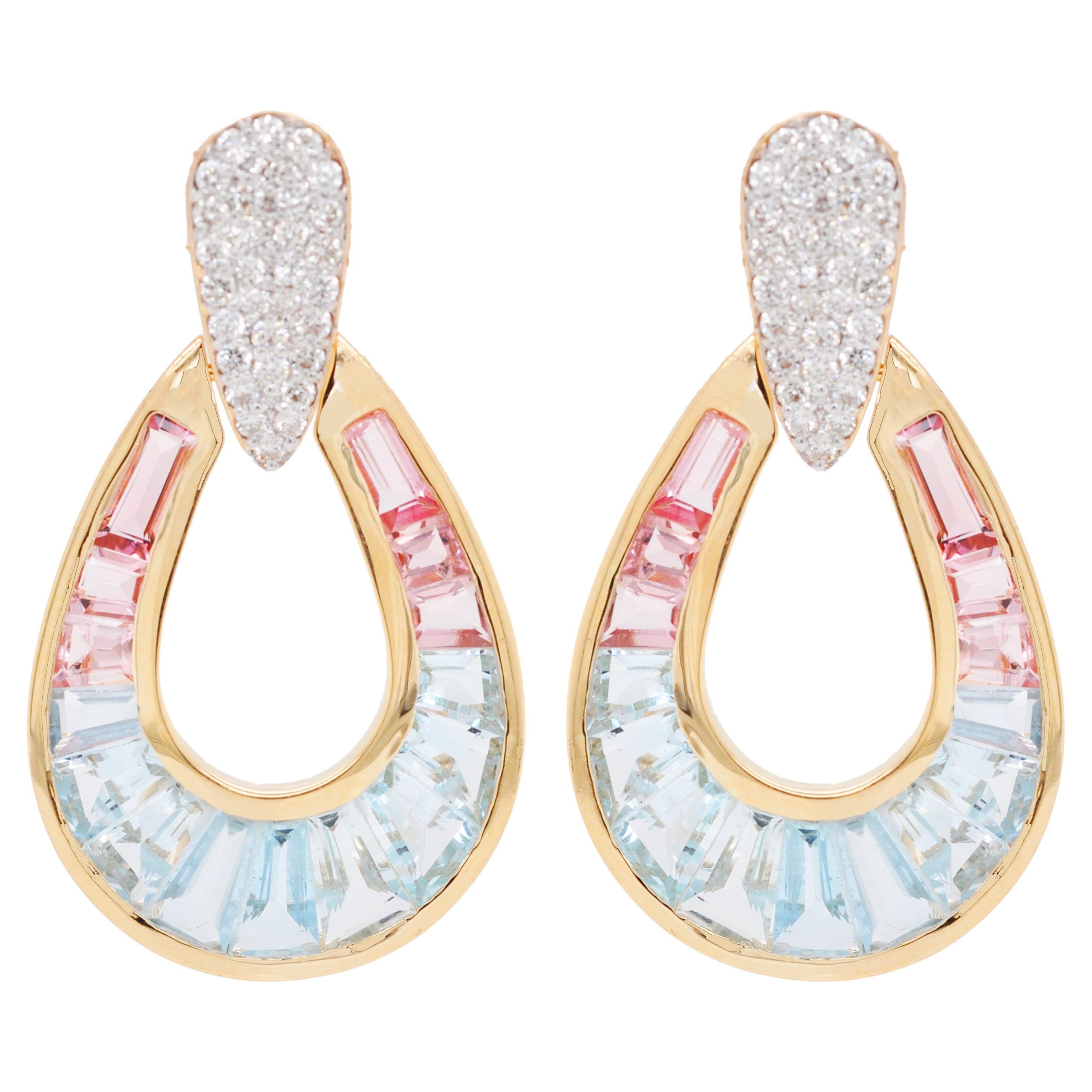 18 Karat Gold Aquamarine Pink Tourmaline Baguette Diamond Dangle Drop Earrings