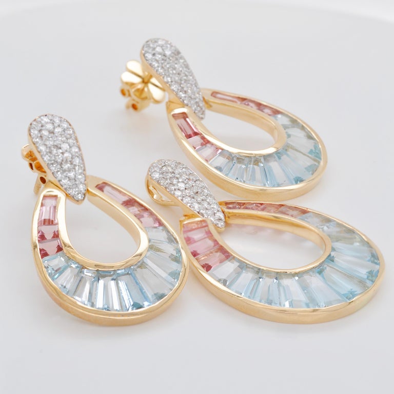 Summer Aquamarine , Pink Tourmaline and Diamond Earrings