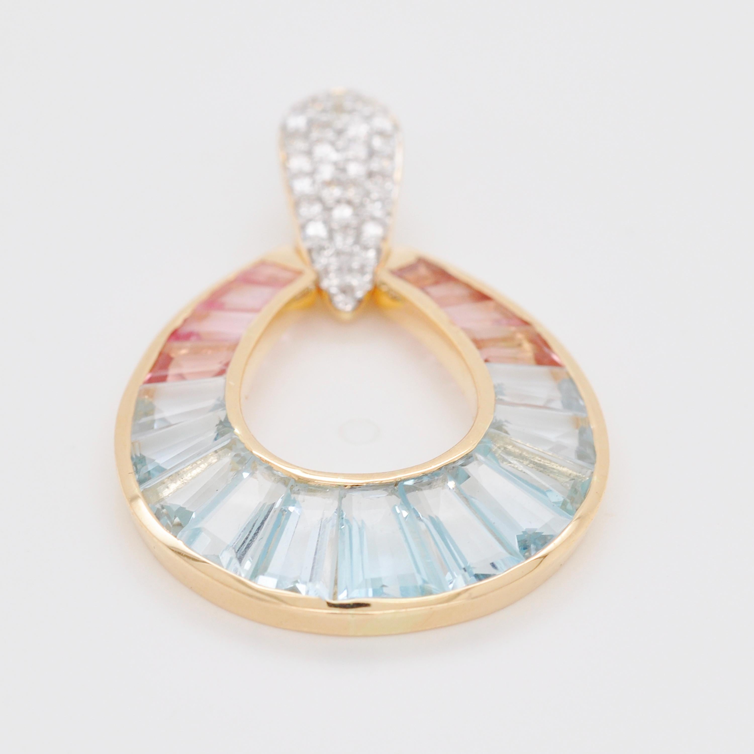 18K Gold Aquamarine Topaz Pink Tourmaline Raindrop Diamond Pendant Earrings Set For Sale 12