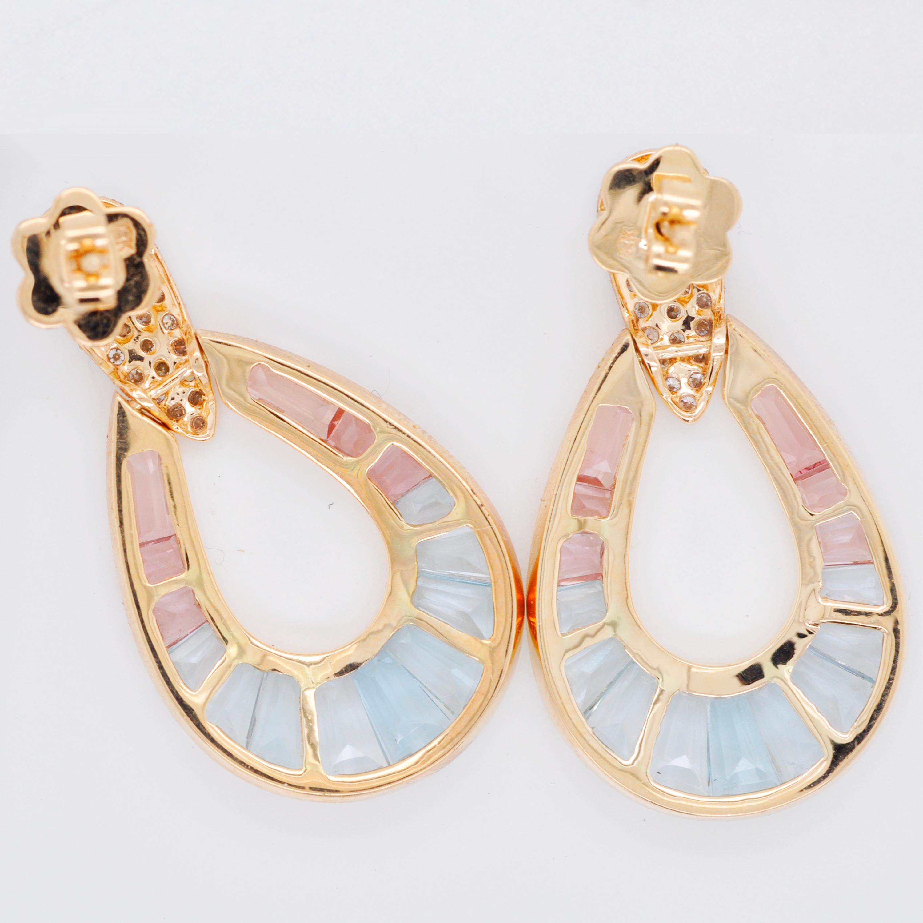 14K Gold Aquamarine Topaz Pink Tourmaline Raindrop Diamond Pendant Earrings Set For Sale 14