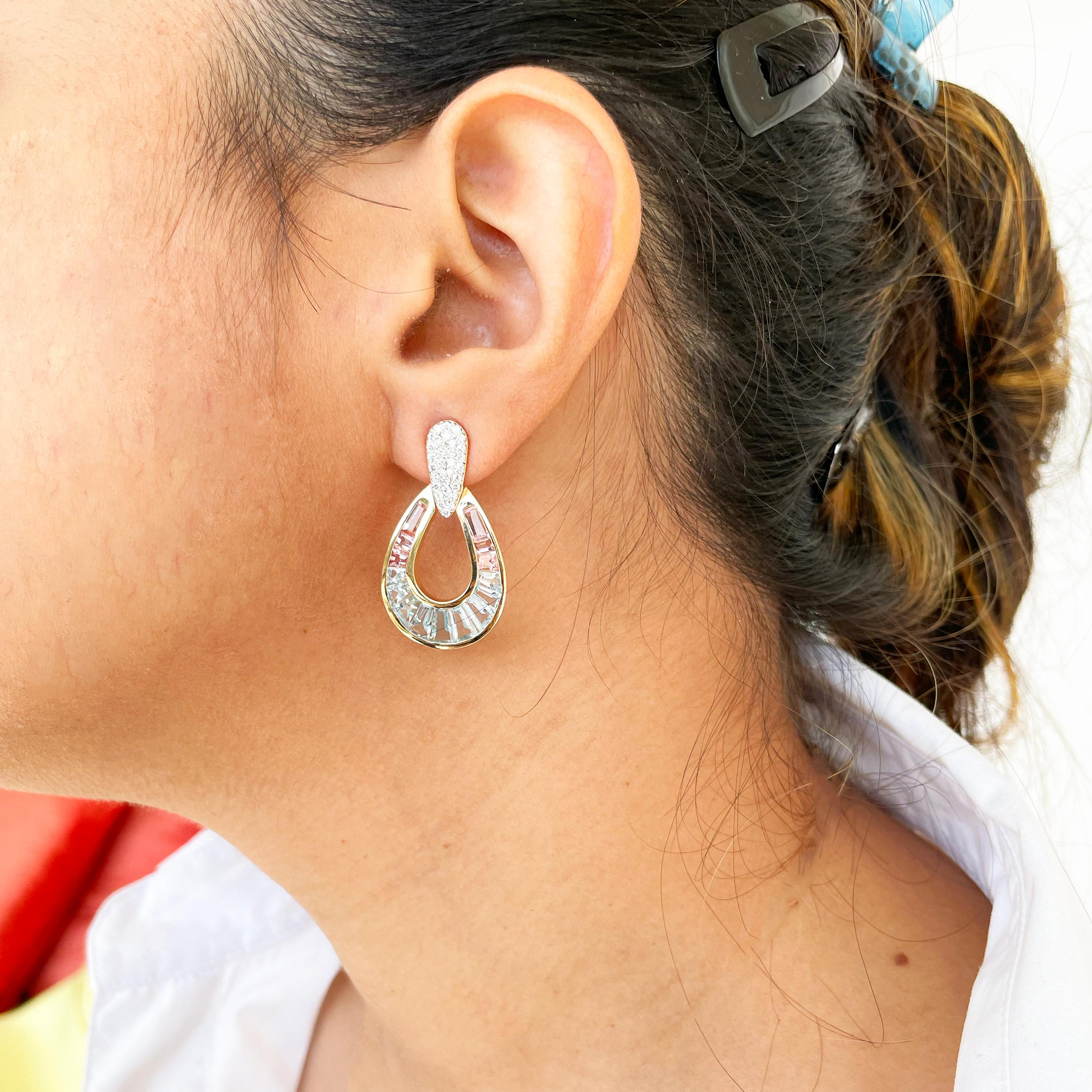 Contemporary 18K Gold Aquamarine Topaz Pink Tourmaline Raindrop Diamond Pendant Earrings Set For Sale