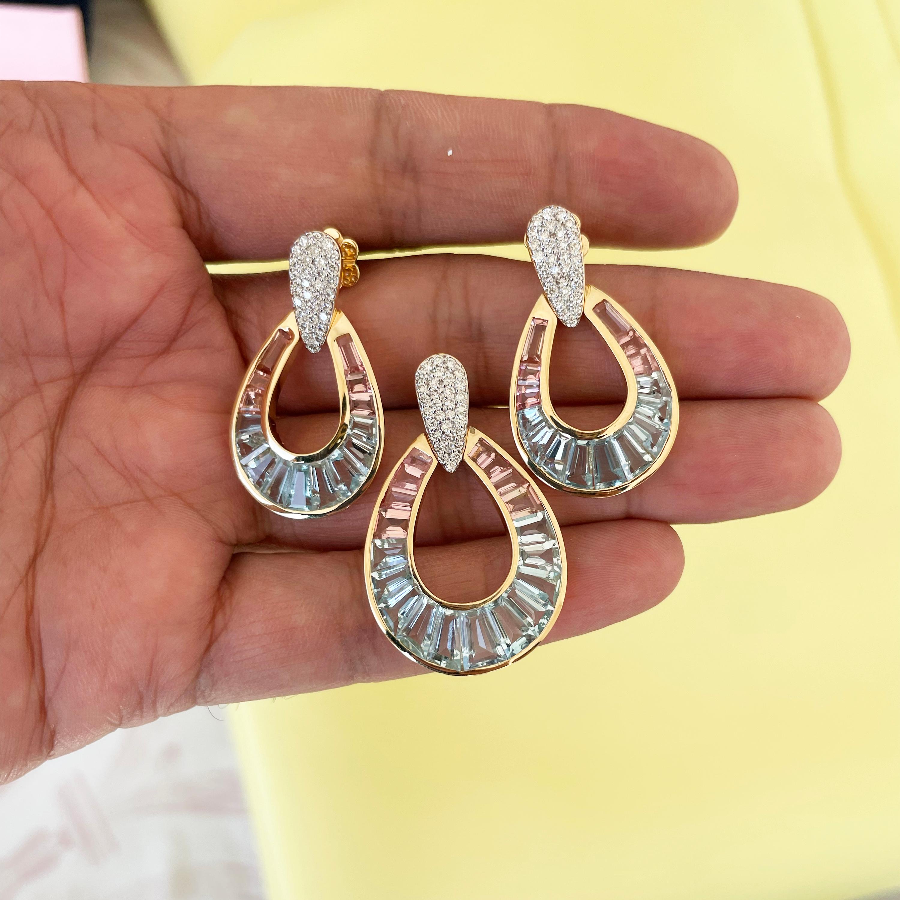 18K Gold Aquamarine Topaz Pink Tourmaline Raindrop Diamond Pendant Earrings Set In New Condition For Sale In Jaipur, Rajasthan