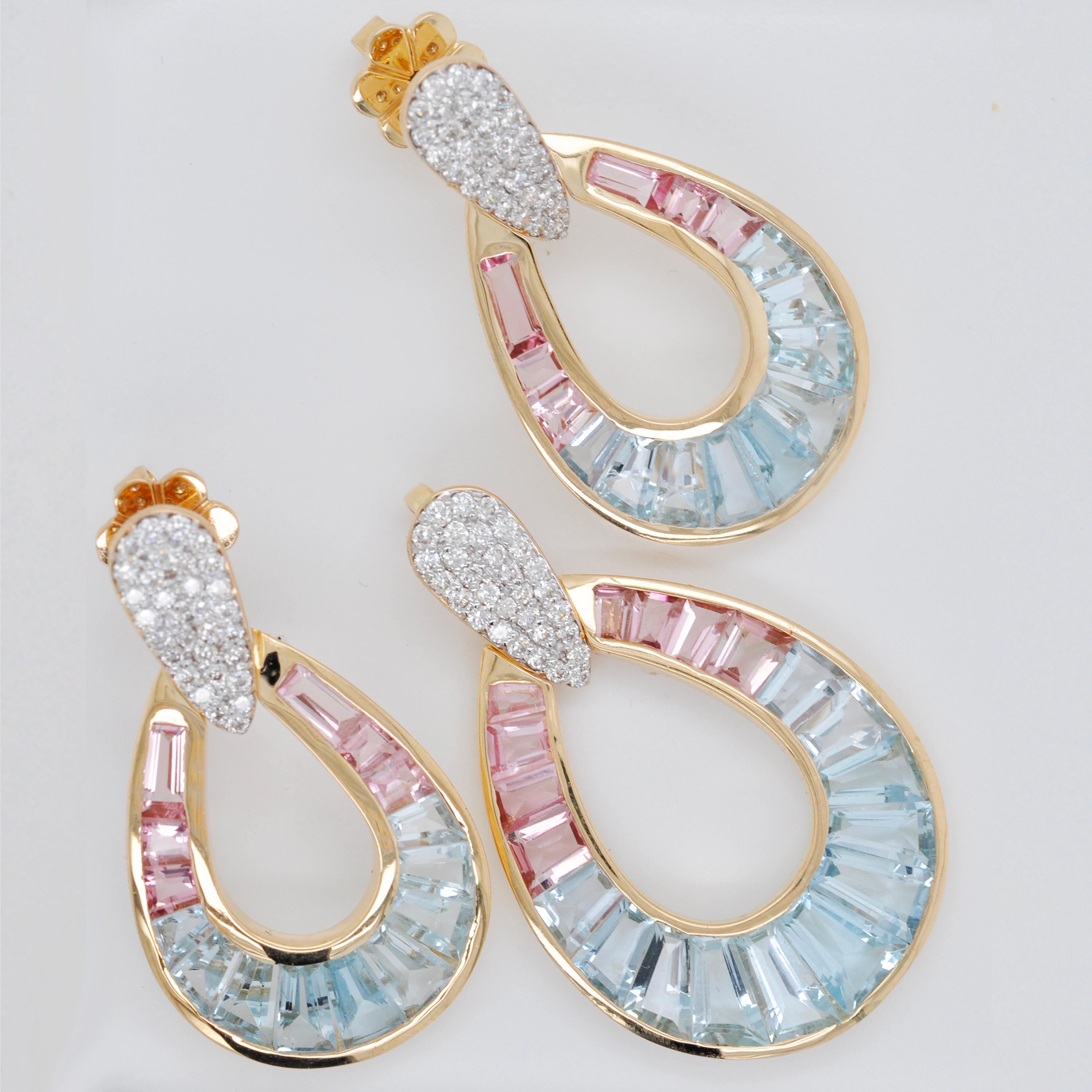 Women's 14K Gold Aquamarine Topaz Pink Tourmaline Raindrop Diamond Pendant Earrings Set For Sale