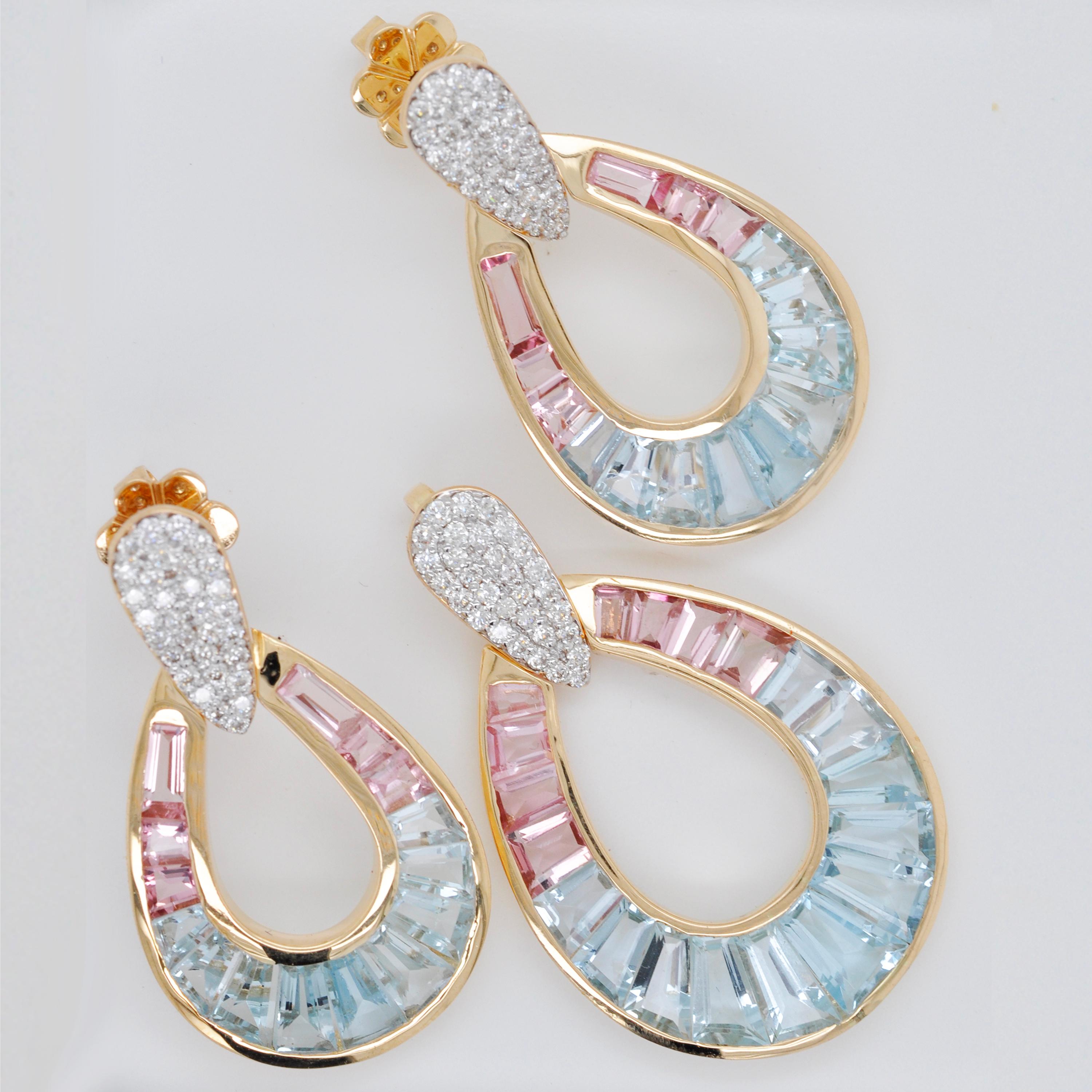 Women's 18K Gold Aquamarine Topaz Pink Tourmaline Raindrop Diamond Pendant Earrings Set For Sale