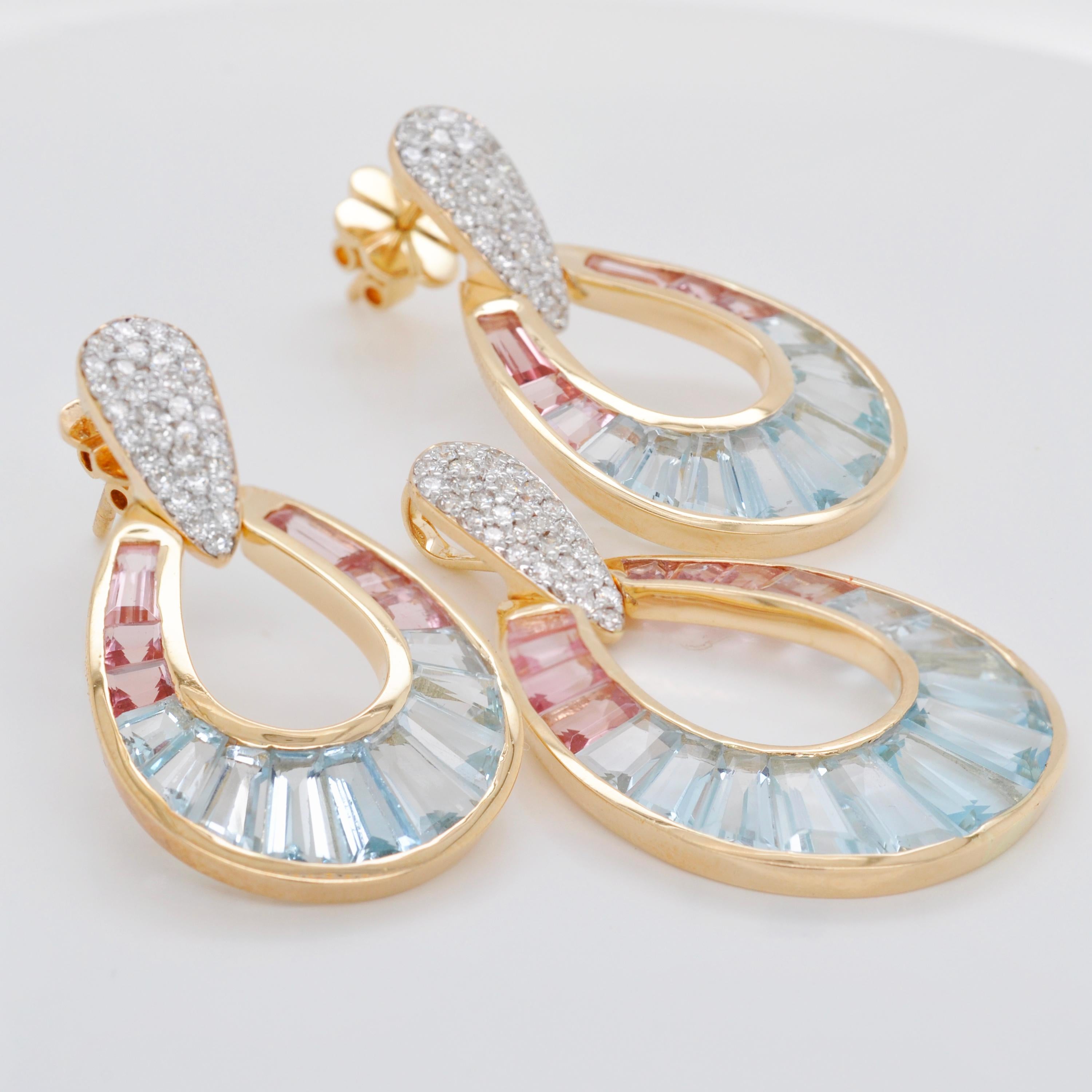 18K Gold Aquamarine Topaz Pink Tourmaline Raindrop Diamond Pendant Earrings Set For Sale 3