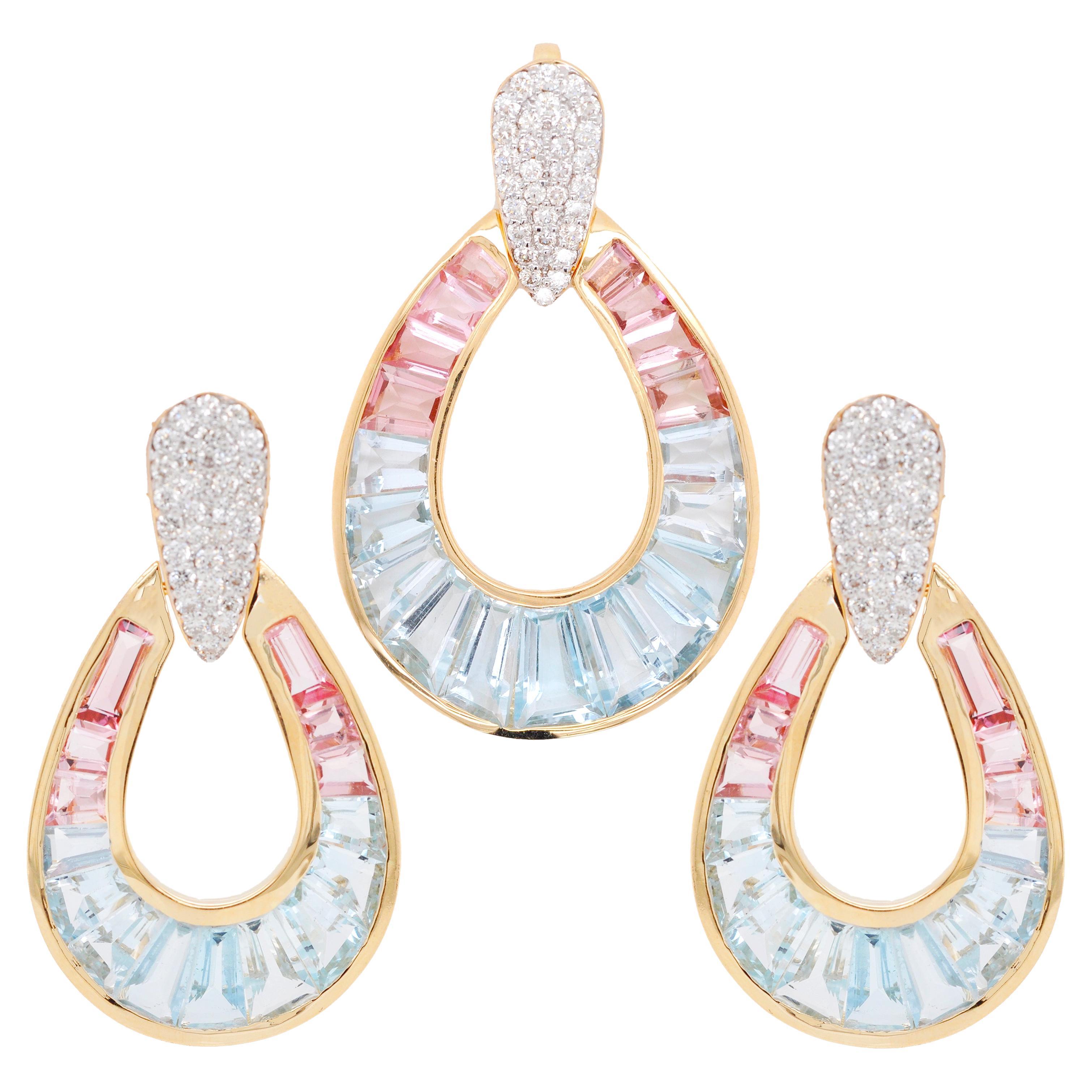 18K Gold Aquamarine Topaz Pink Tourmaline Raindrop Diamond Pendant Earrings Set For Sale