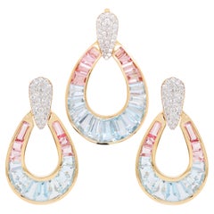 18K Gold Aquamarine Topaz Pink Tourmaline Raindrop Diamond Pendant Earrings Set