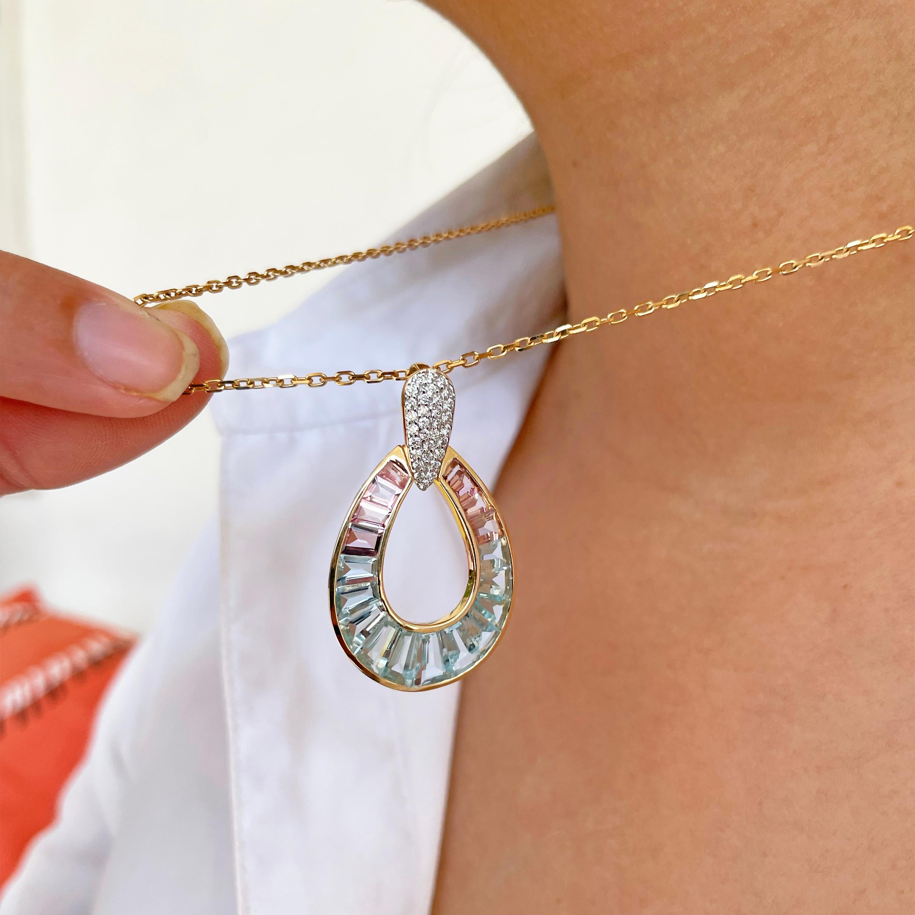 Contemporary 18 Karat Gold Aquamarine Pink Tourmaline Taper Baguette Diamond Pendant Necklace For Sale