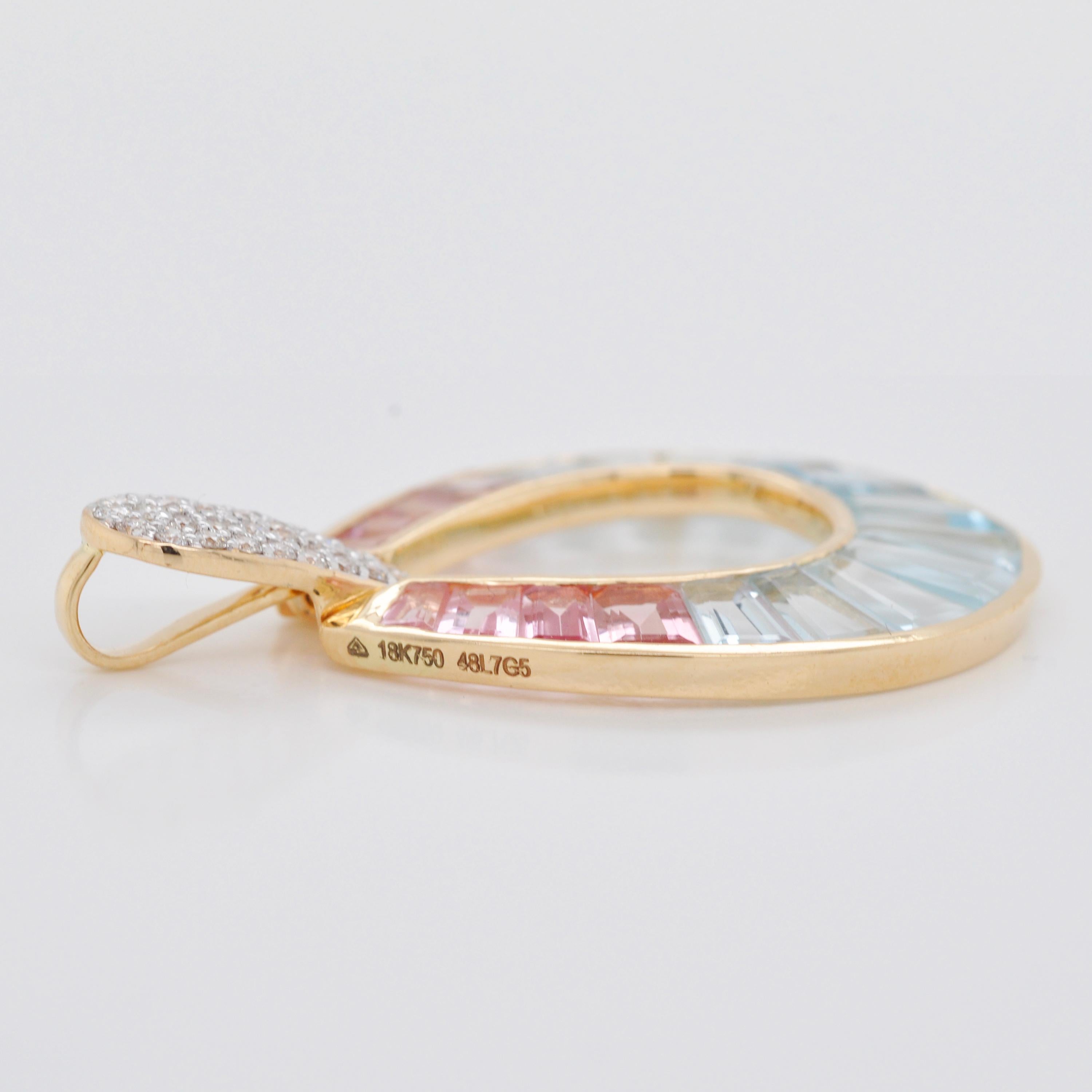 Women's 18 Karat Gold Aquamarine Pink Tourmaline Taper Baguette Diamond Pendant Necklace For Sale