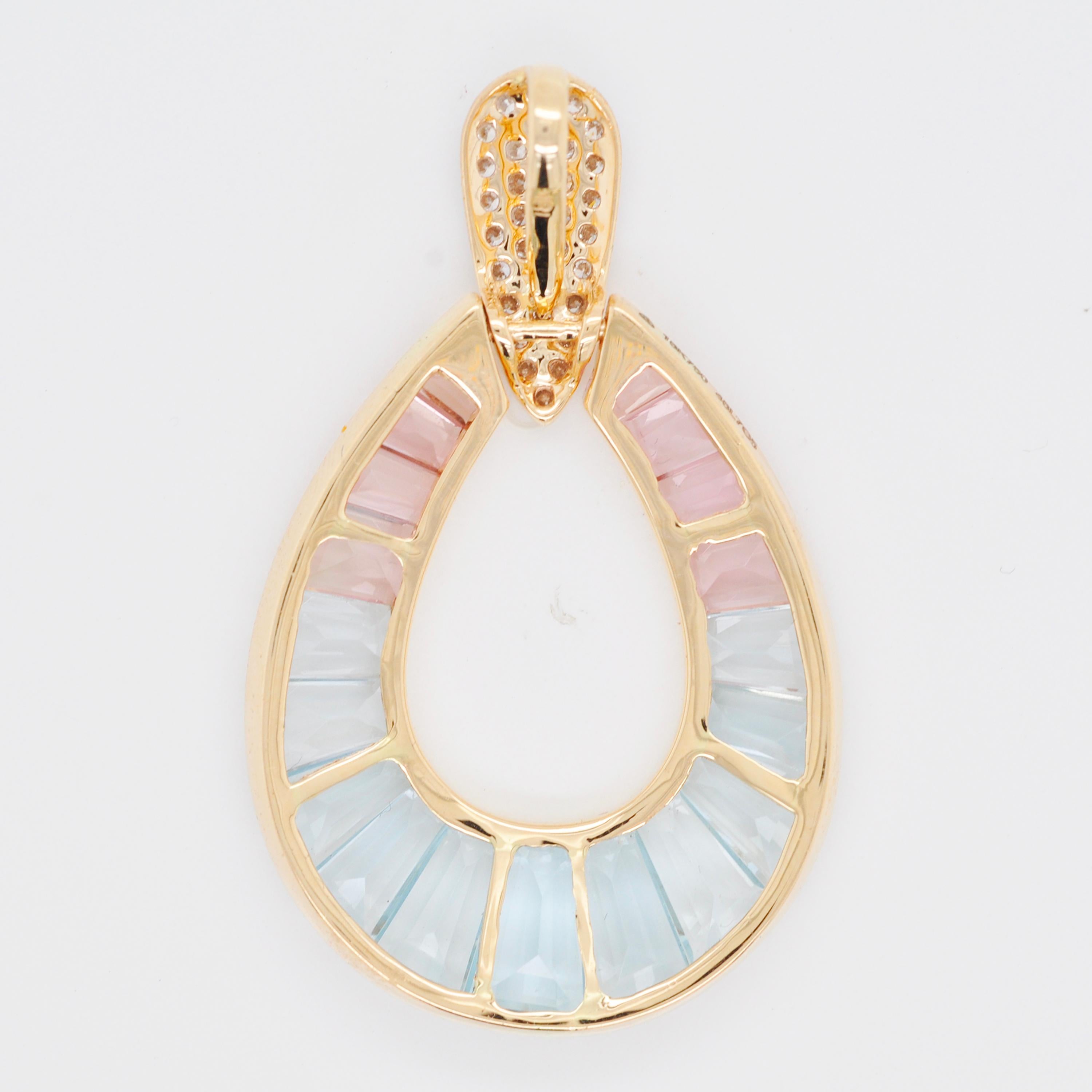 18 Karat Gold Aquamarine Pink Tourmaline Taper Baguette Diamond Pendant Necklace For Sale 1